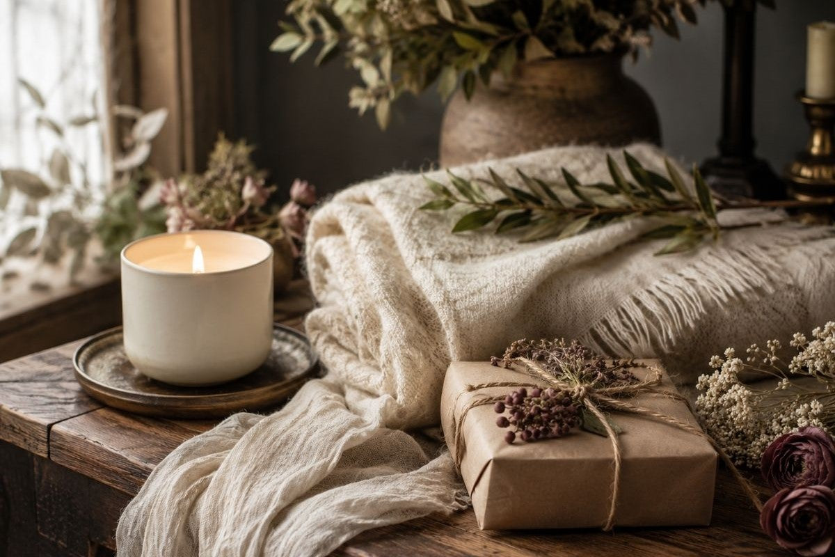 A cozy still life with a lit white candle on a wooden table beside a cream knit throw blanket, a wrapped gift box with dried flowers, and rustic dried botanicals in a vase.