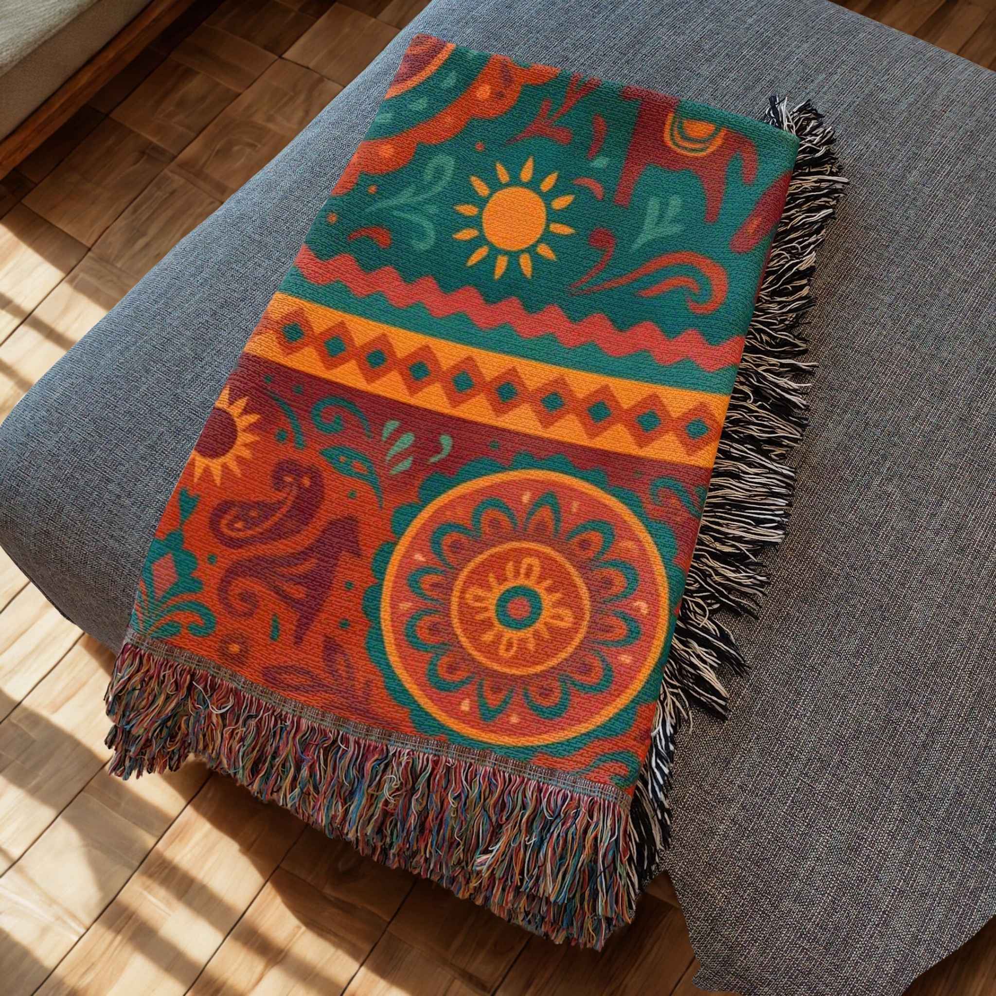 Colorful patterned blanket with fringe on a gray surface