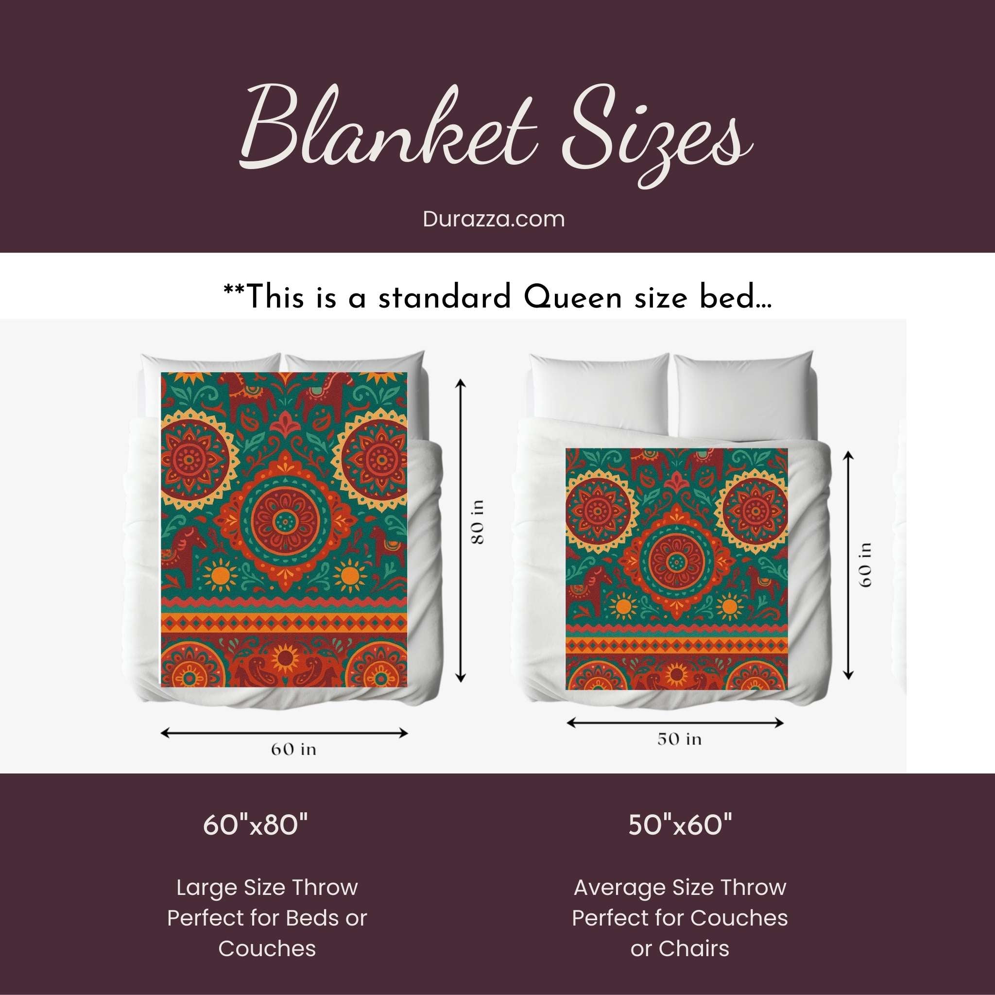 Measurement chart for blanket sizes with colorful patterned blanket on a white background