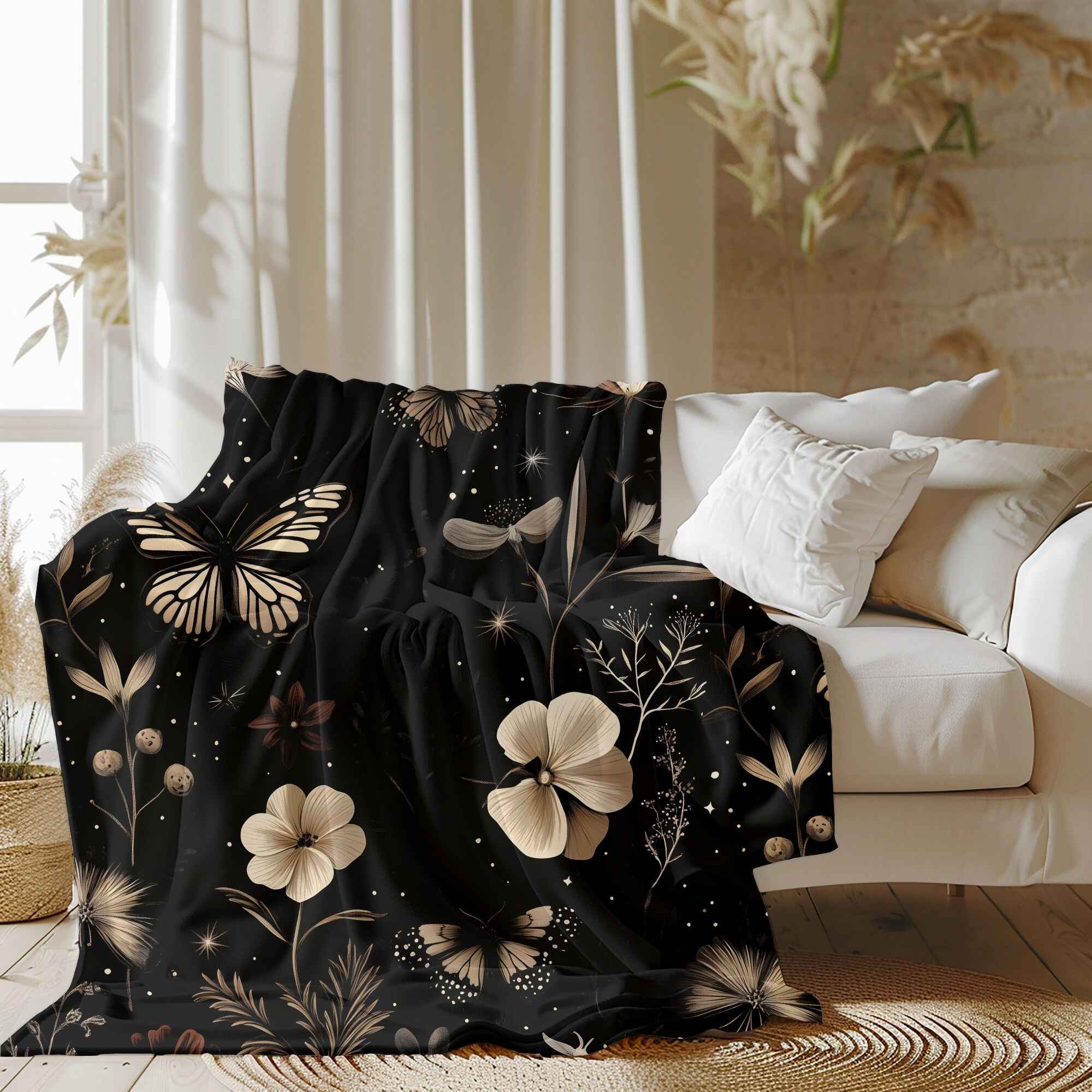 Dark Floral Throw Blanket – Cottagecore | Wildflower Butterfly