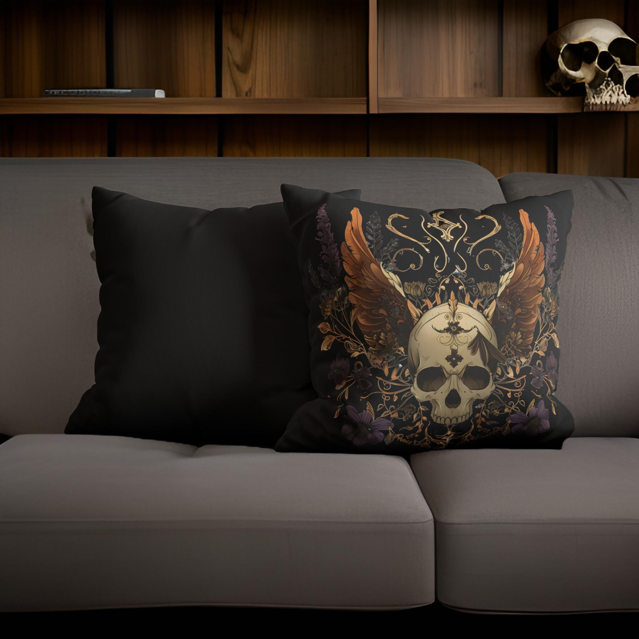 Skull Throw Pillow – Gothic Winged Decor | Winged Wonder