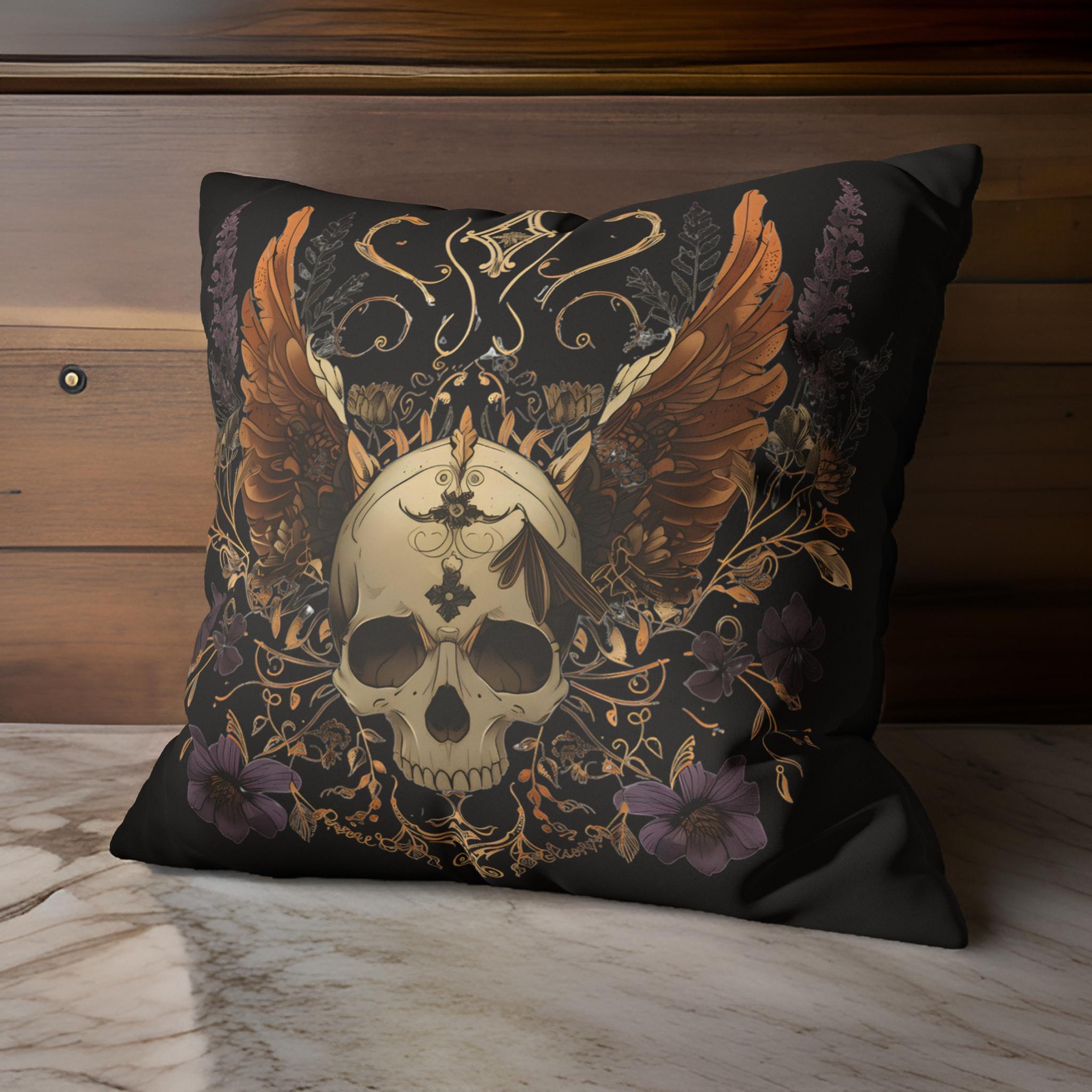 Skull Throw Pillow – Gothic Winged Decor | Winged Wonder