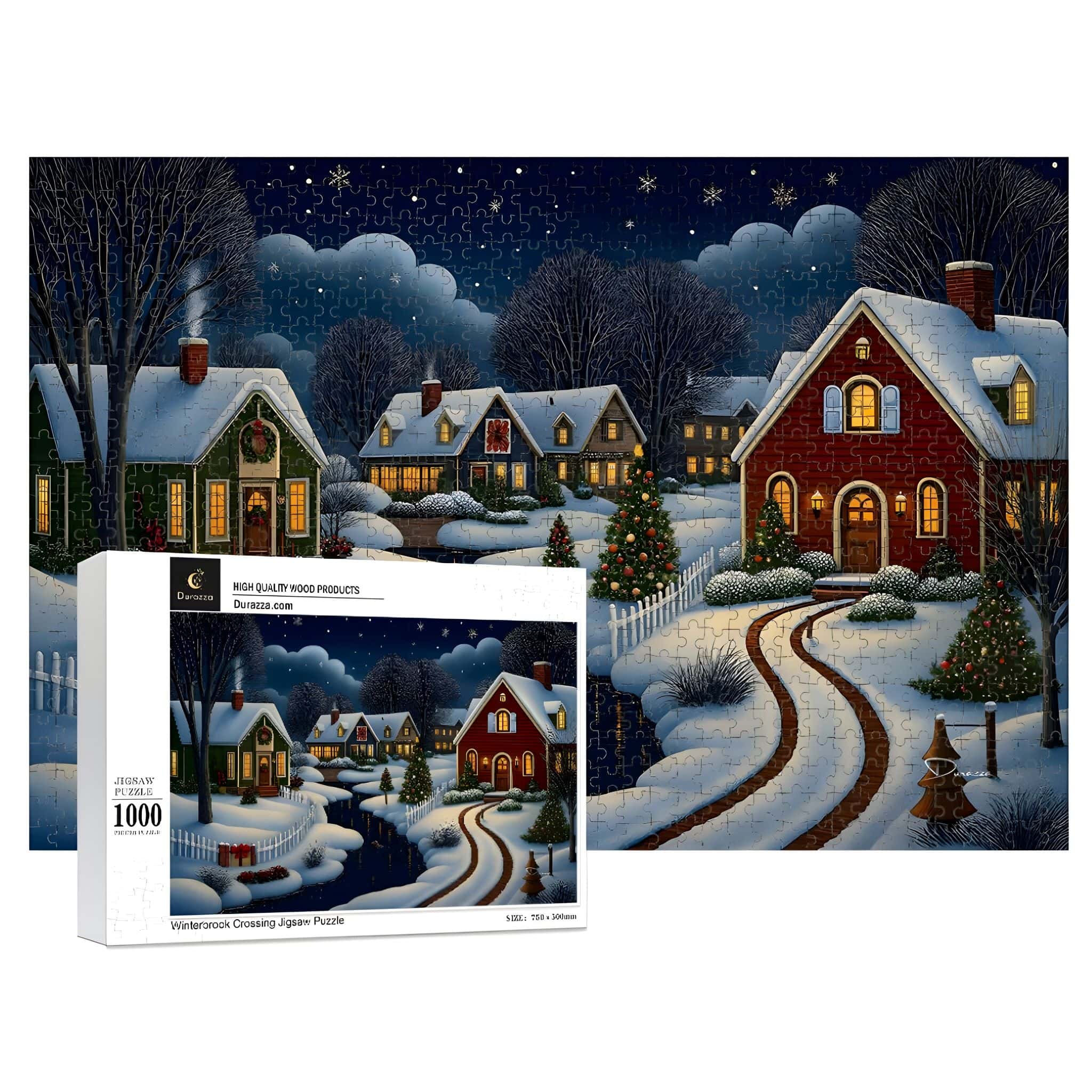 1000 piece Jigsaw puzzle packaging featuring a Christmas winter scene with houses and trees.