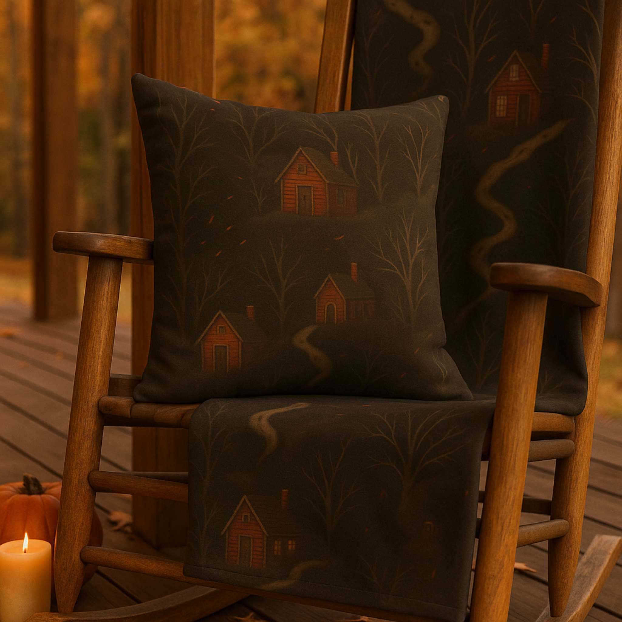 Wooden rocking chair with matching set of Witches Woodland blanket and throw pillow.