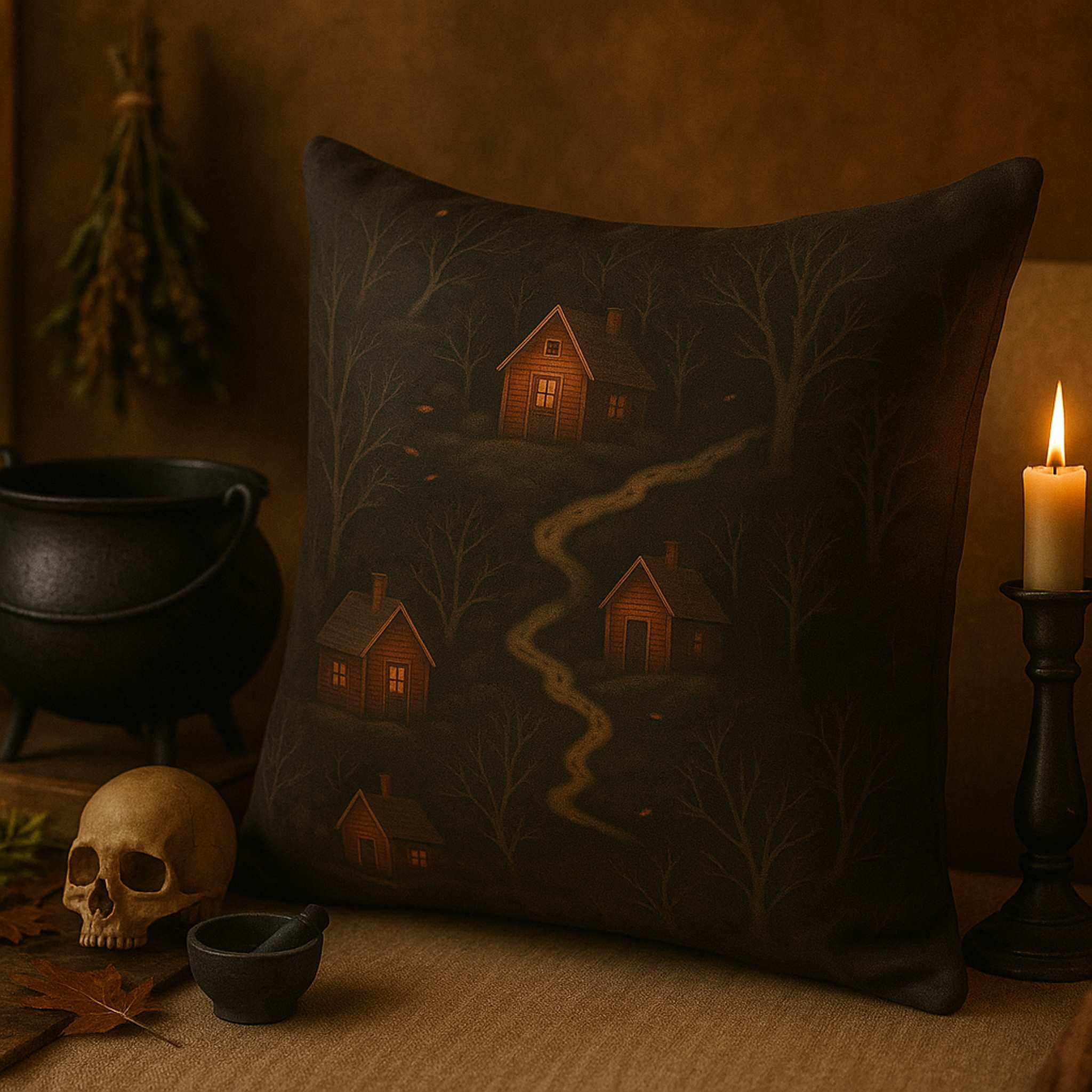 Decorative pillow with a forest and cabin design, next to a candle and skull in a dimly lit setting.