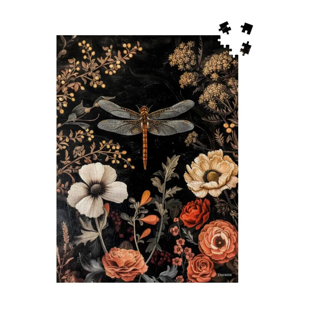 Gothic Cottagecore Dragonfly surrounded with flowers wooden jigsaw puzzle for adults. 500 piece