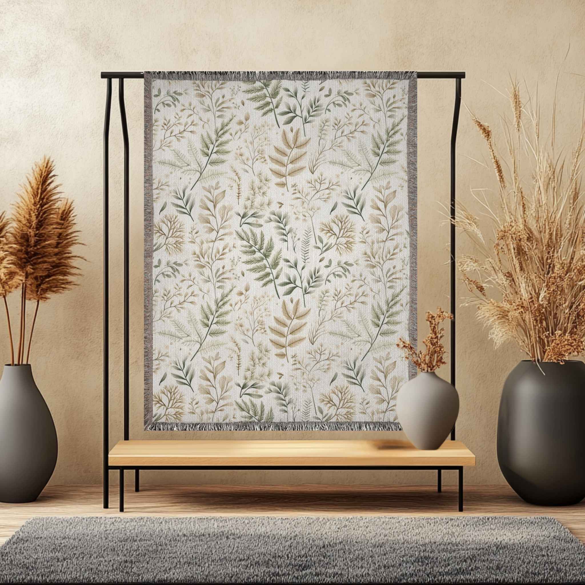 Decorative blanket with floral pattern hanging from a stand, flanked by two vases with dried plants against a beige wall.