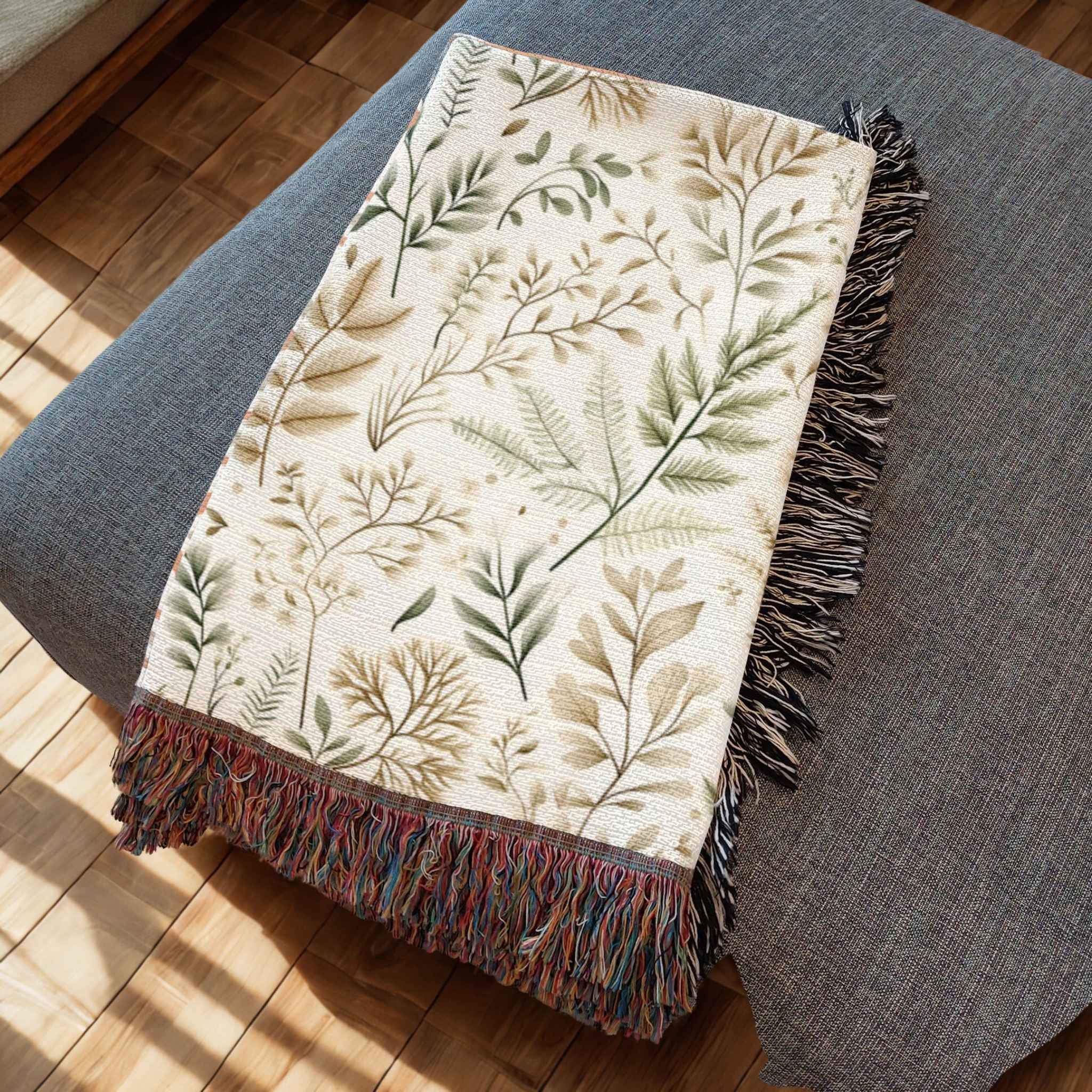 Floral-patterned throw blanket with fringes on a gray chair