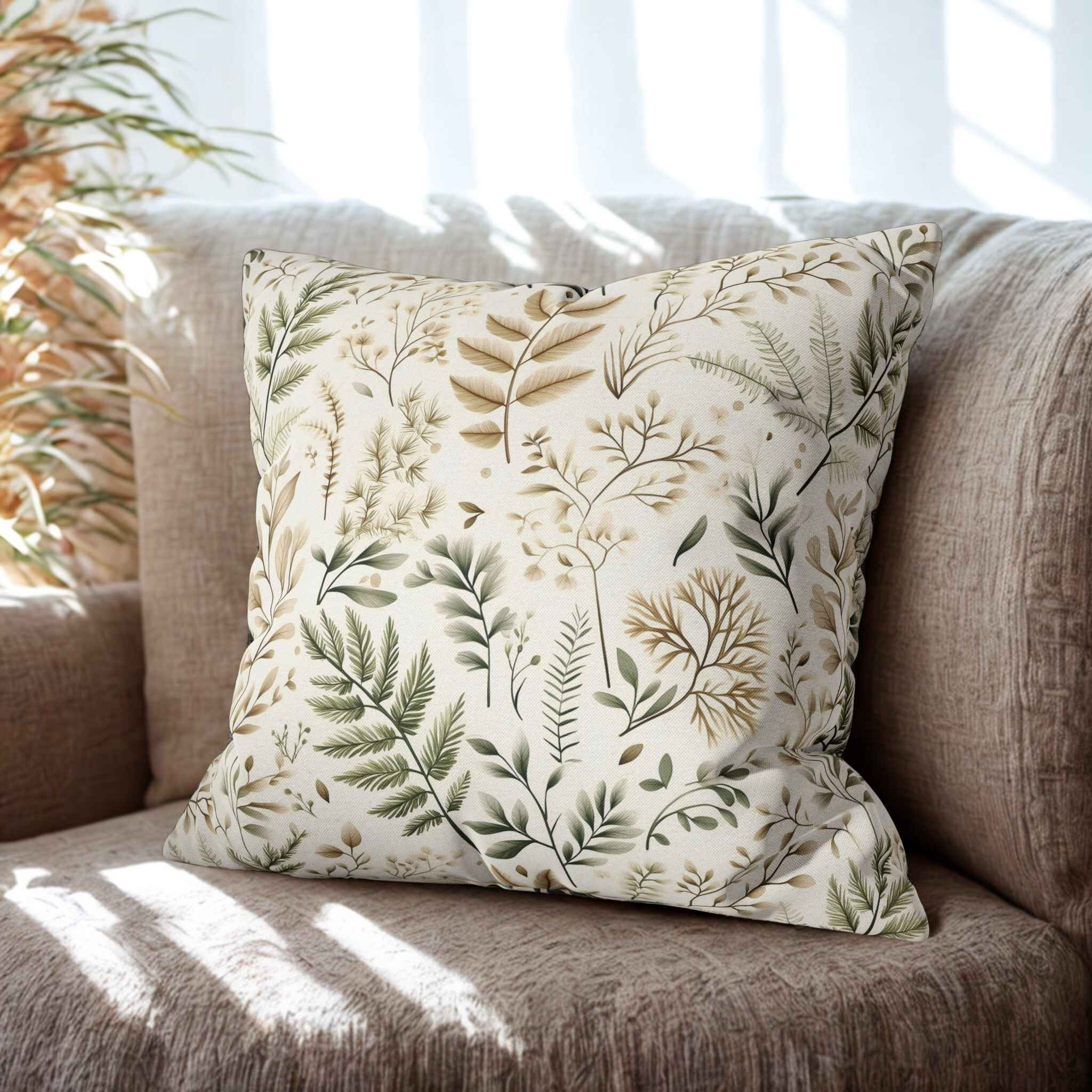 Decorative pillow with leaf pattern on a brown sofa