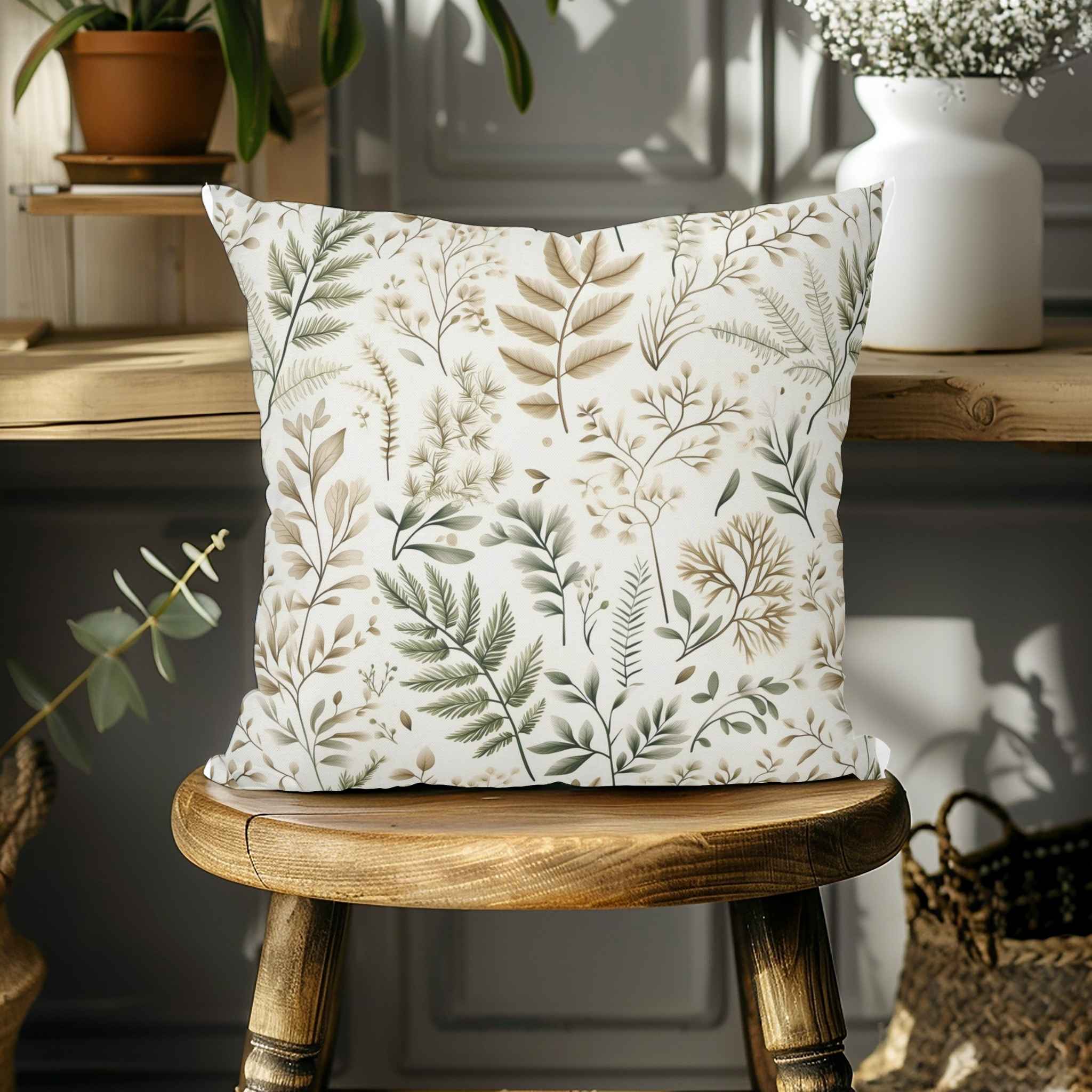 Decorative pillow with leaf pattern on a wooden stool in a home setting