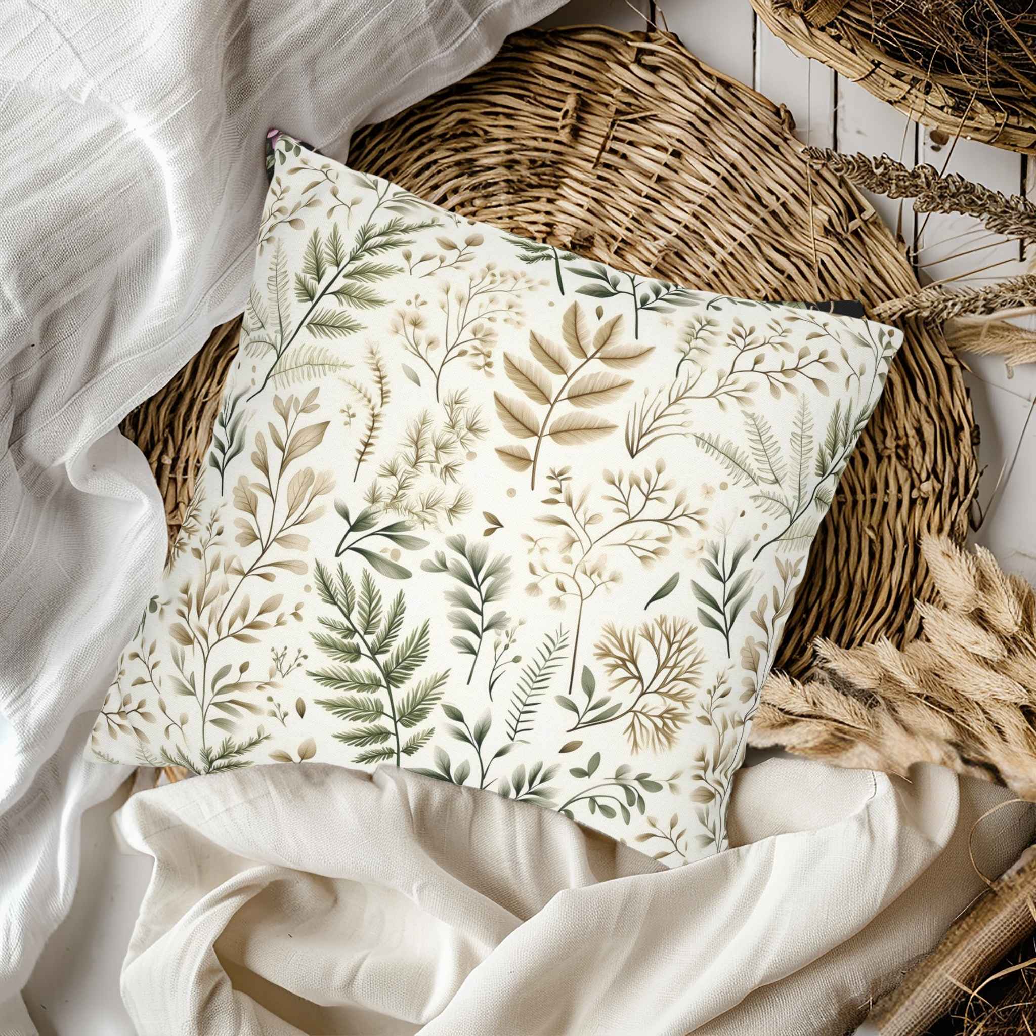 Floral-patterned pillow on a bed with wicker baskets and white bedding