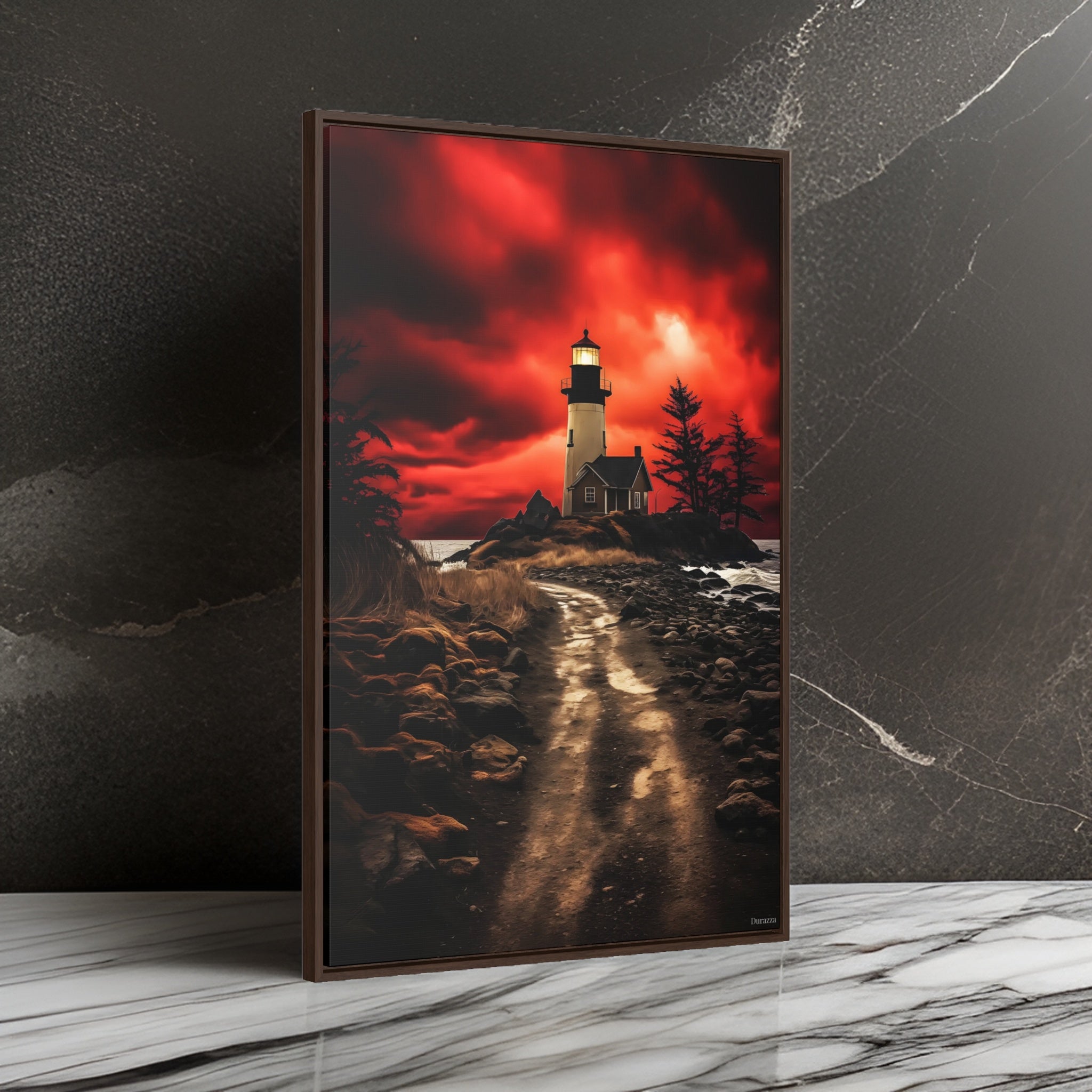 Red Sky Lighthouse Wall Art: Dramatic Coastal Scene