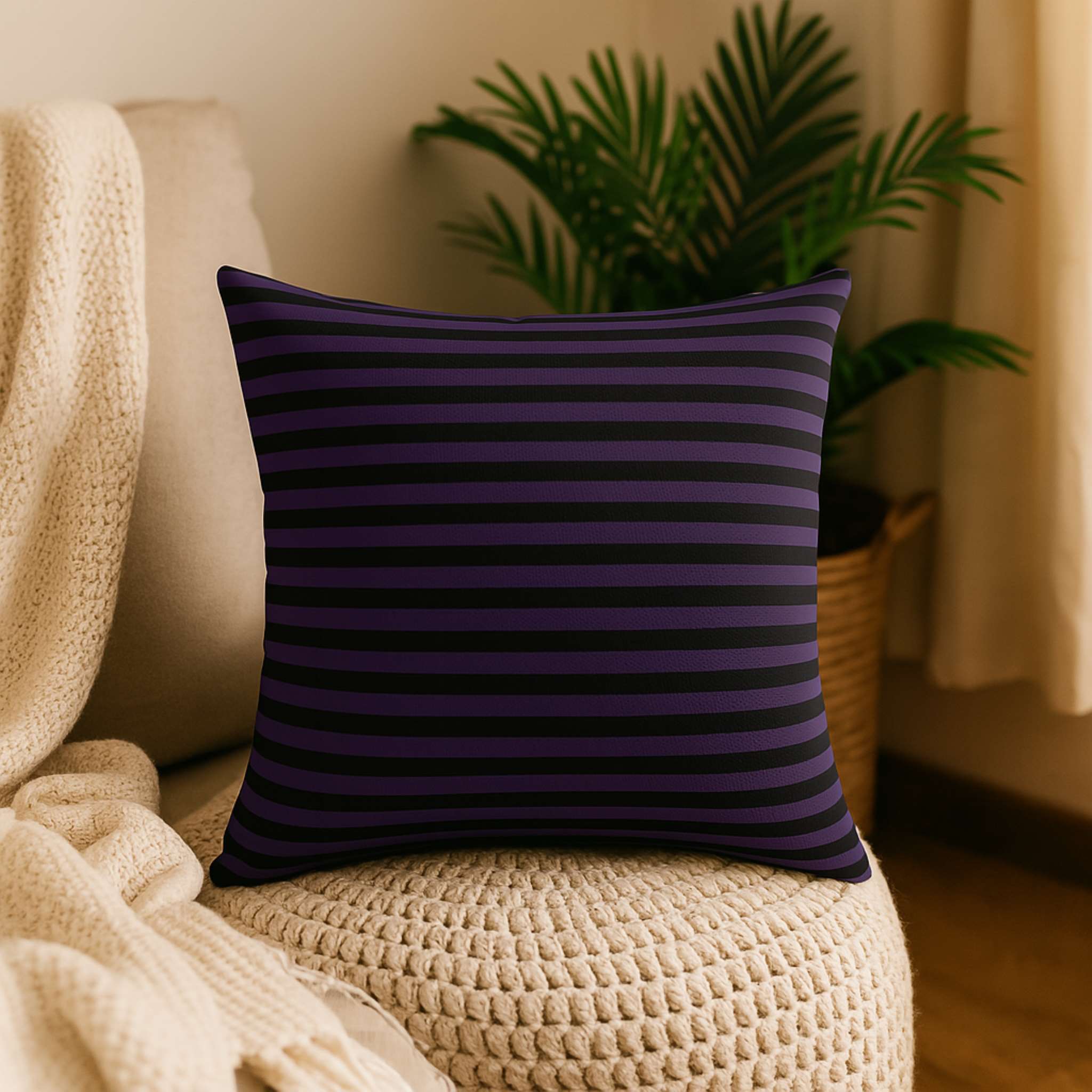 Sinister Stripes Faux Suede Pillow: Purple and Black Striped