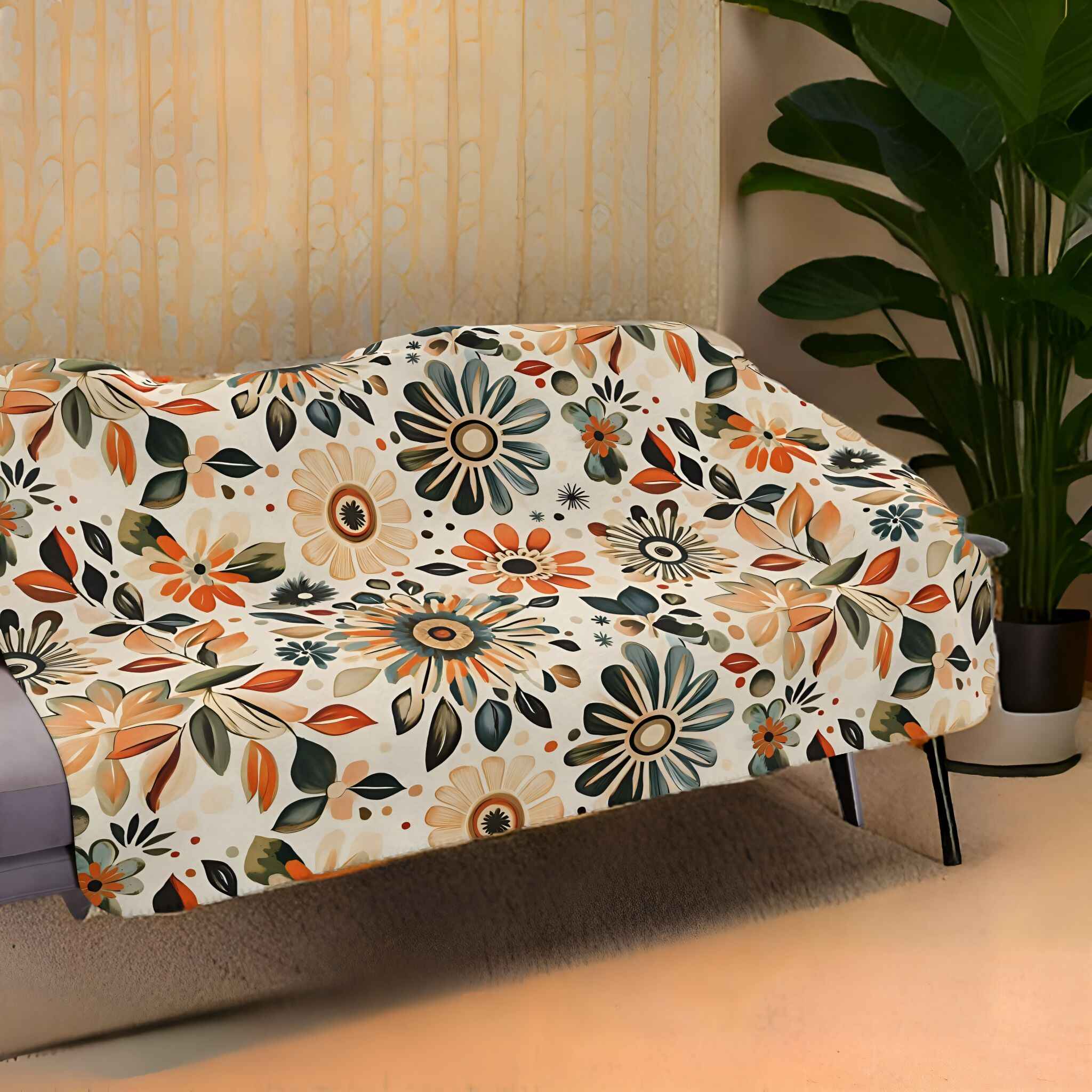 A floral throw blanket with retro 70s style patterns in orange, green, and other colors laid out on a sofa.