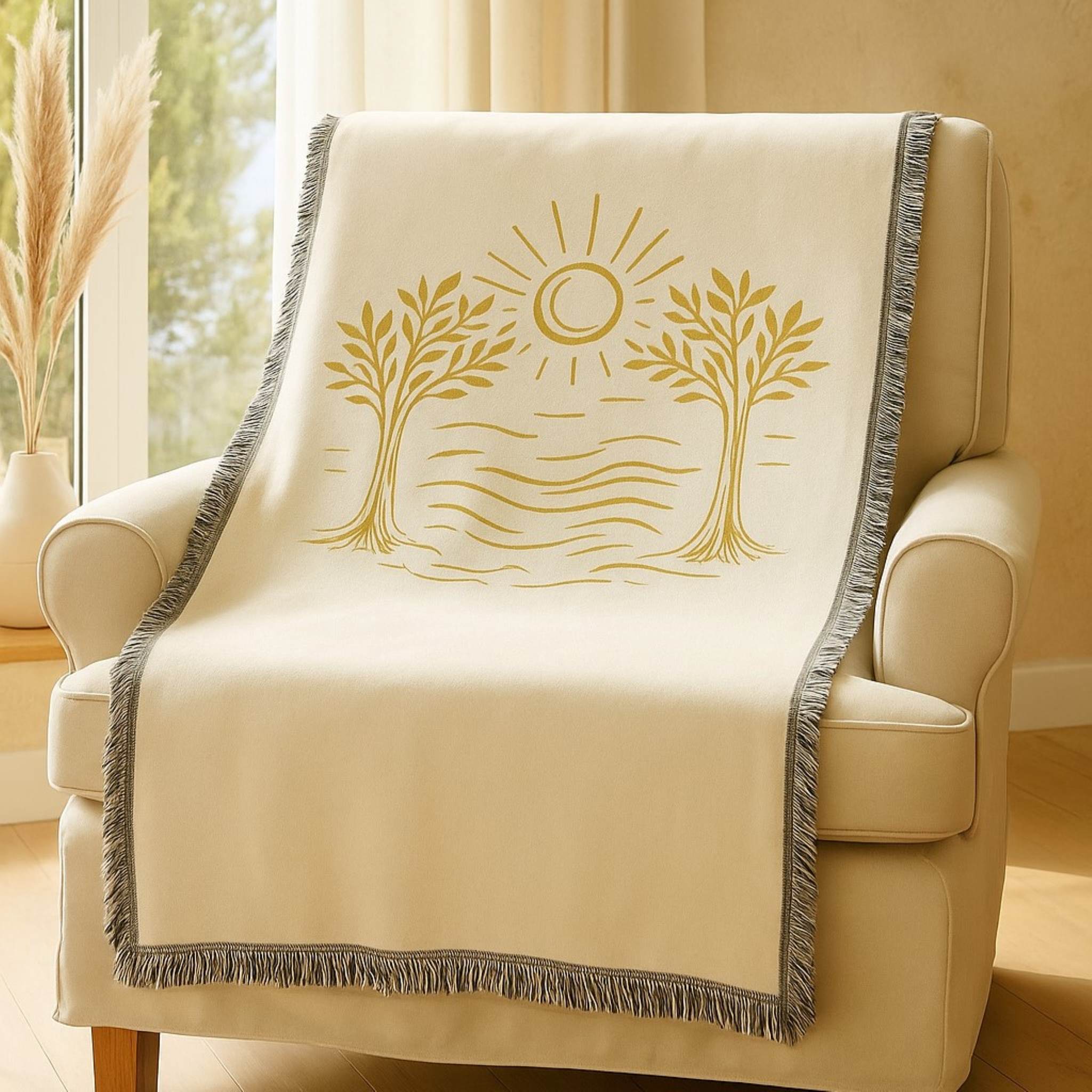 Beige blanket with tree and sun design draped over a chair in a room with a window and decor.