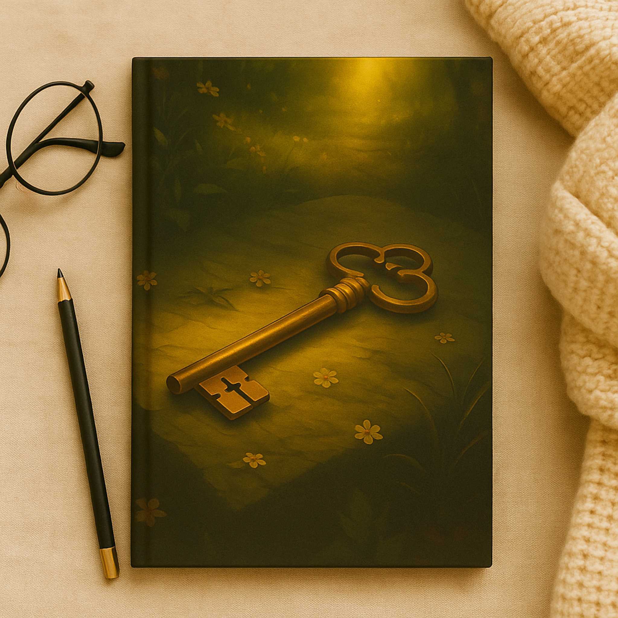 Notebook with a gold key design on a beige surface with glasses and a pencil.