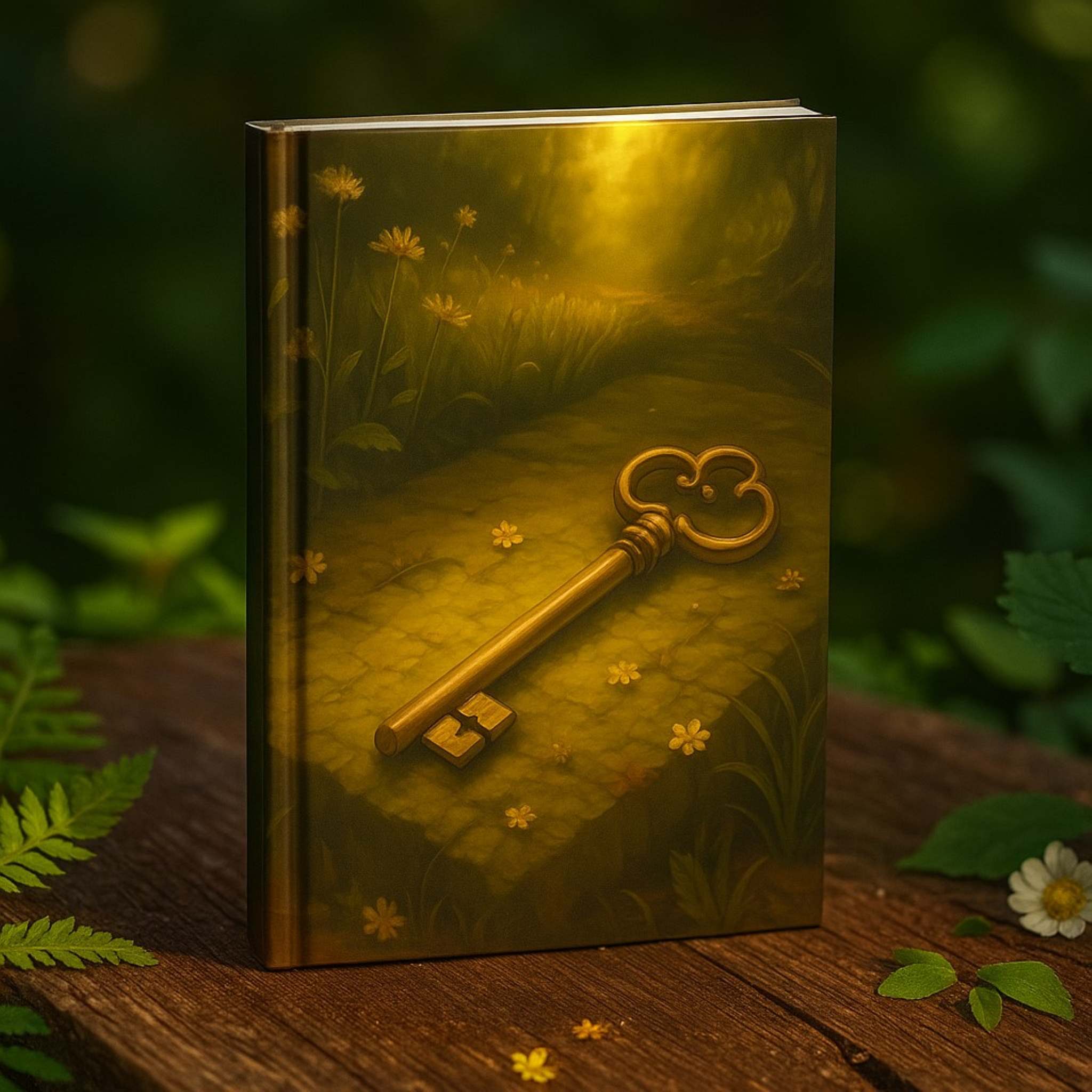 Decorative journal with a key design on a wooden surface with a blurred natural background