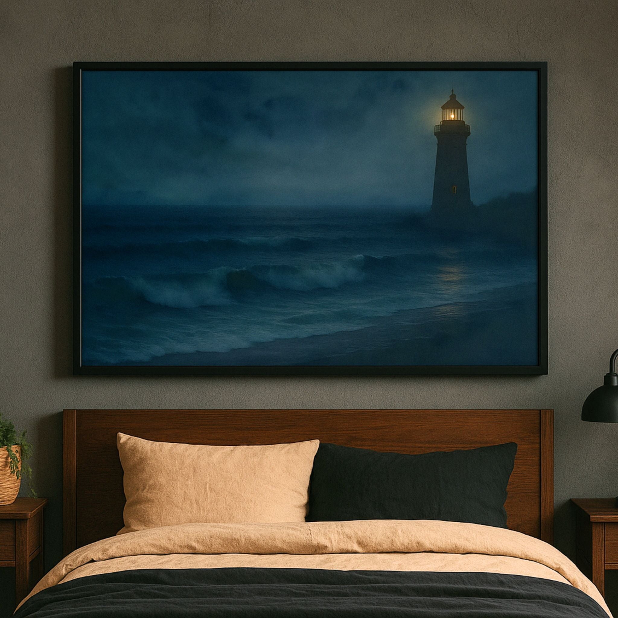 Framed wall art of a lighthouse on an ocean at night above a bed in a moody bedroom.