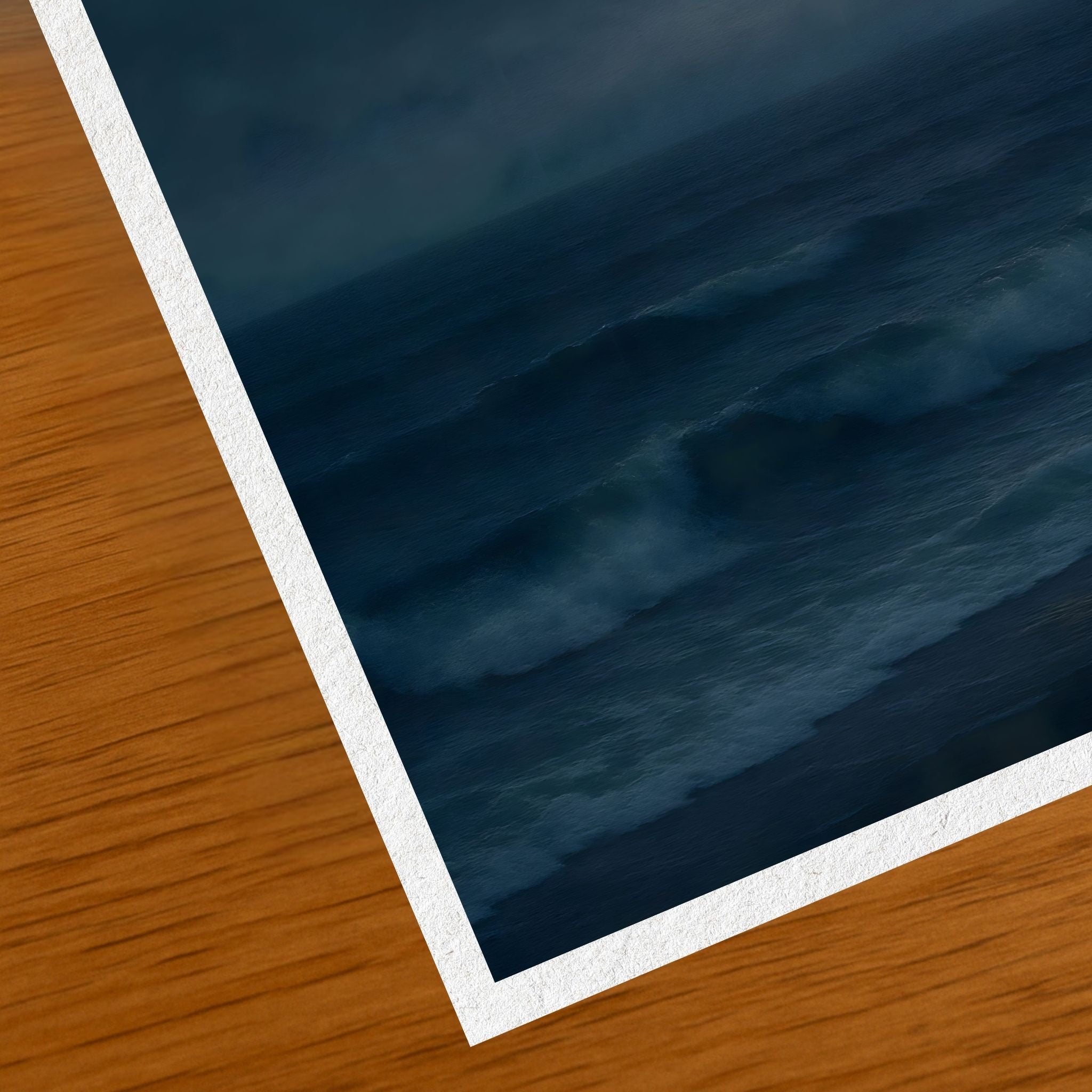 Closeup of dark ocean waves on a piece of fine art paper.