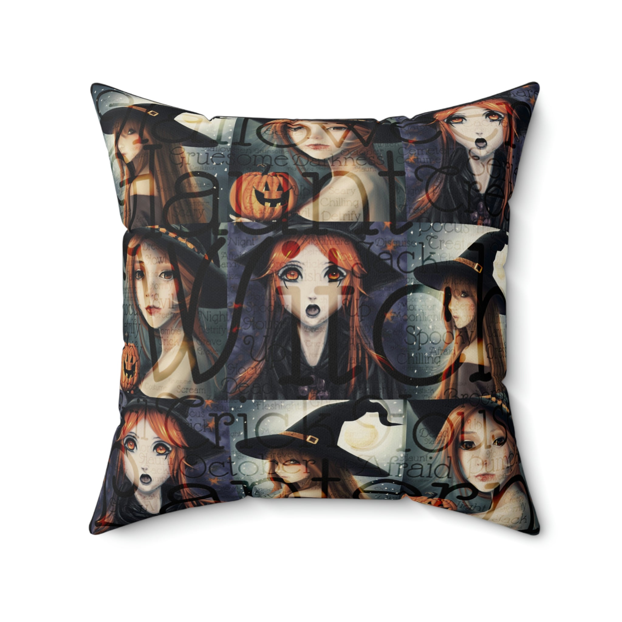 Young Girl Witch Throw Pillow, Black Square Multi-Size - Durazza