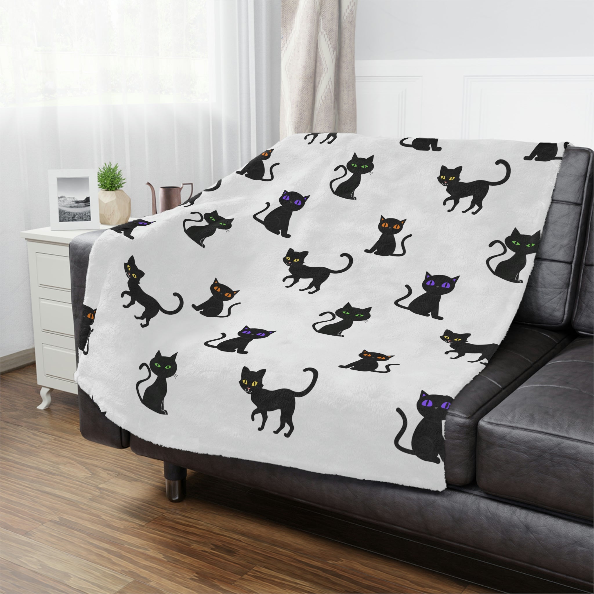 Black Cat Throw Blanket, White Minky, Kids or Adult Size - Durazza