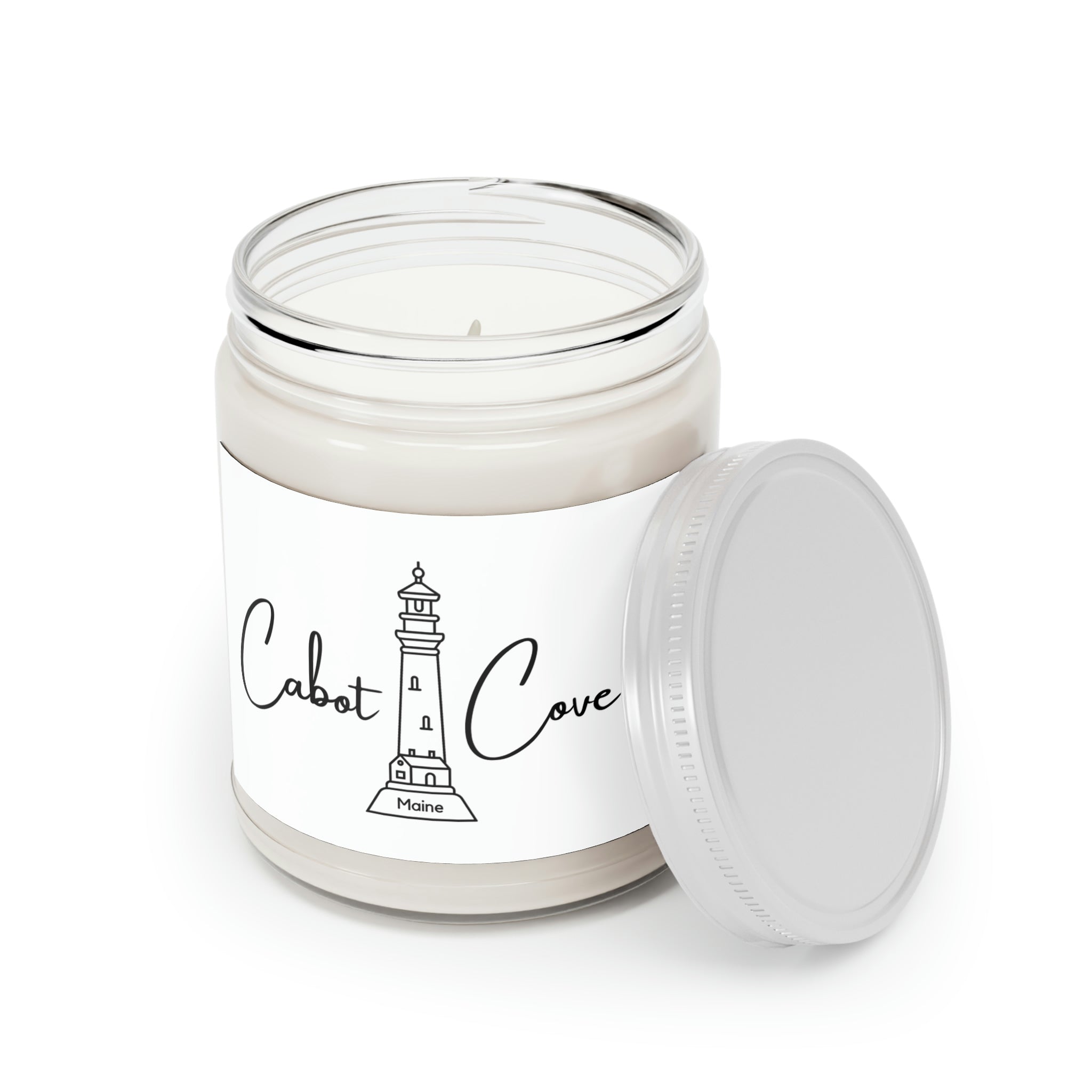 Cabot Cove Soy Candle with open lid 9 oz