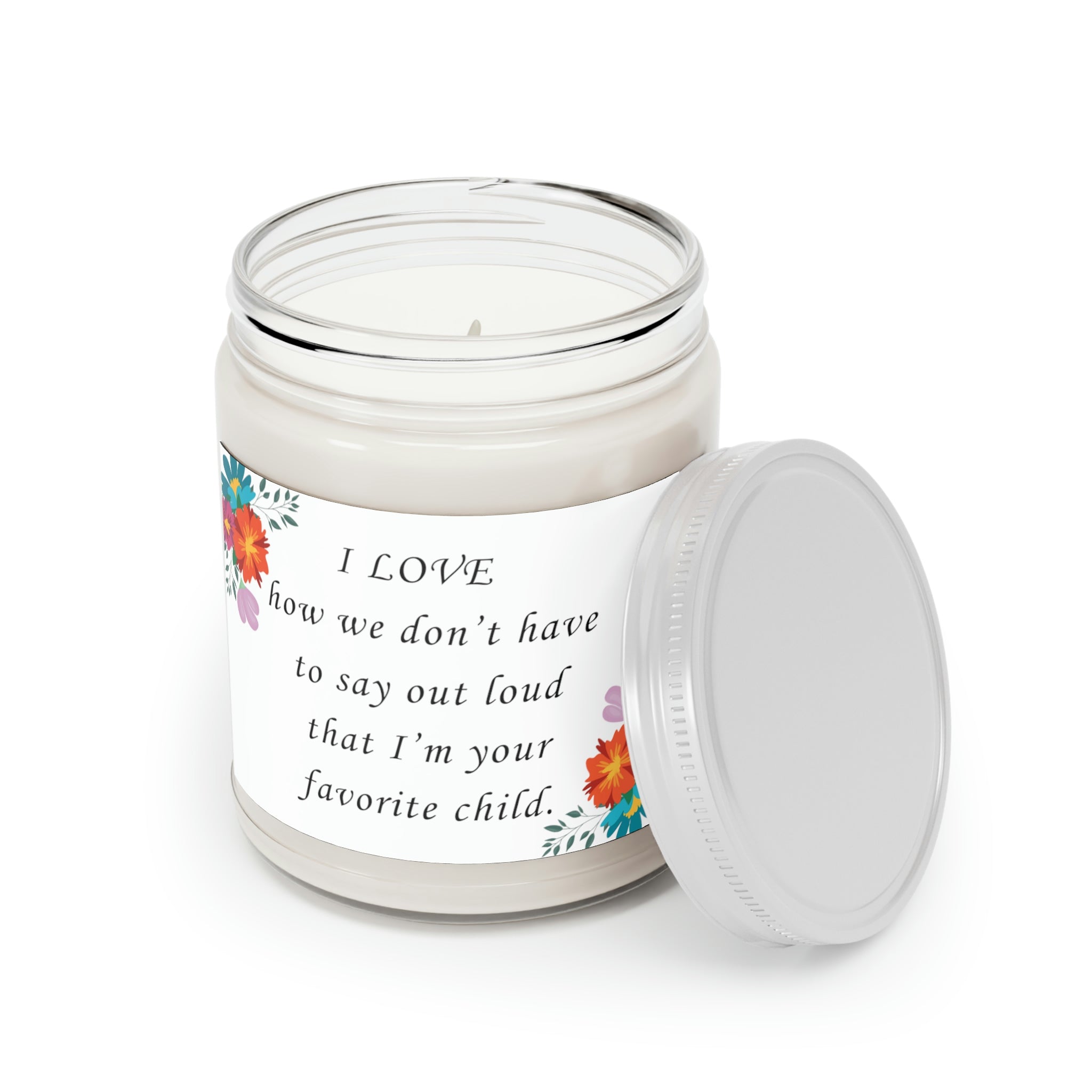Favorite Child Scented Candle, White background with open lid 