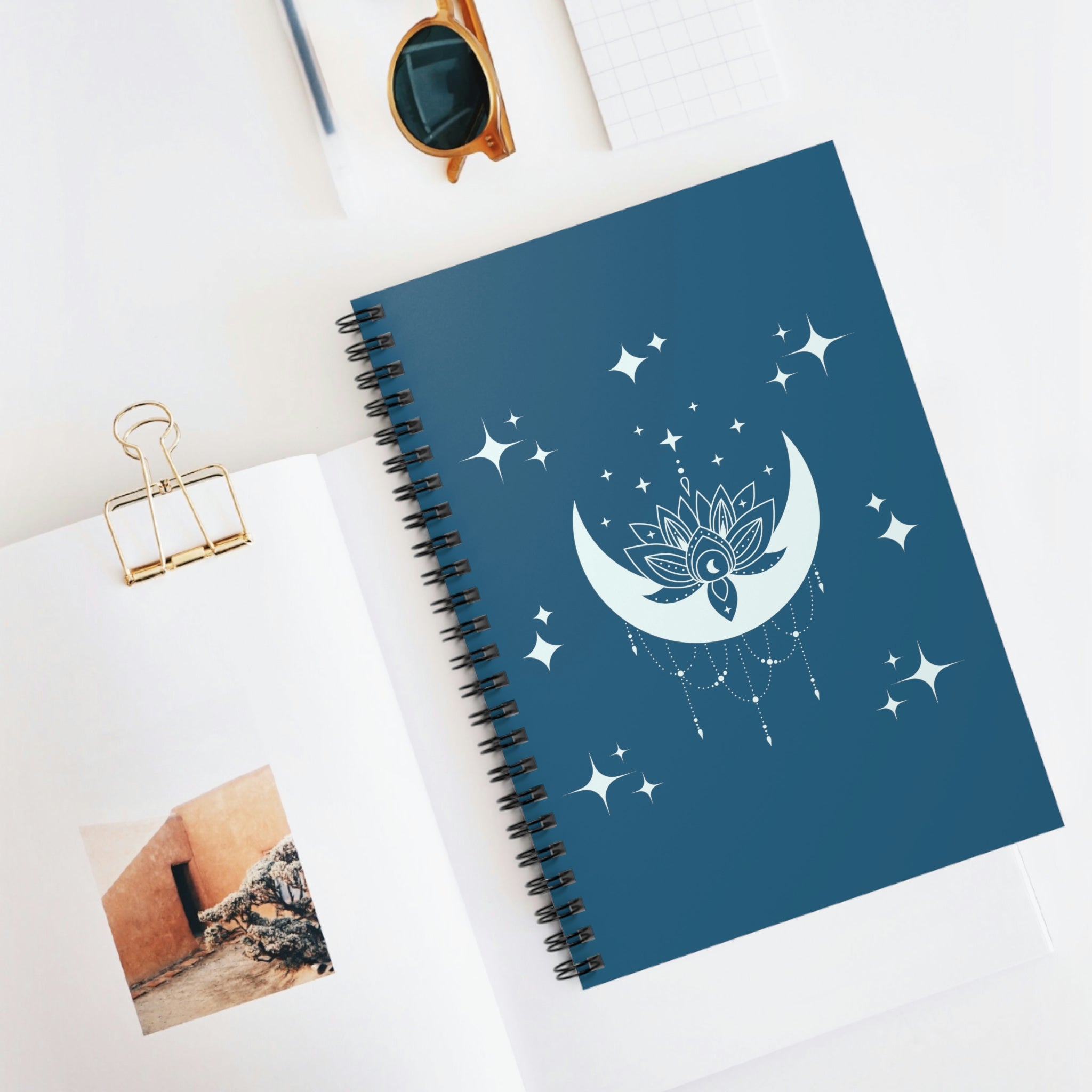 Starry Lotus Moon Notebook, Spiral Lined, 6” x 8”