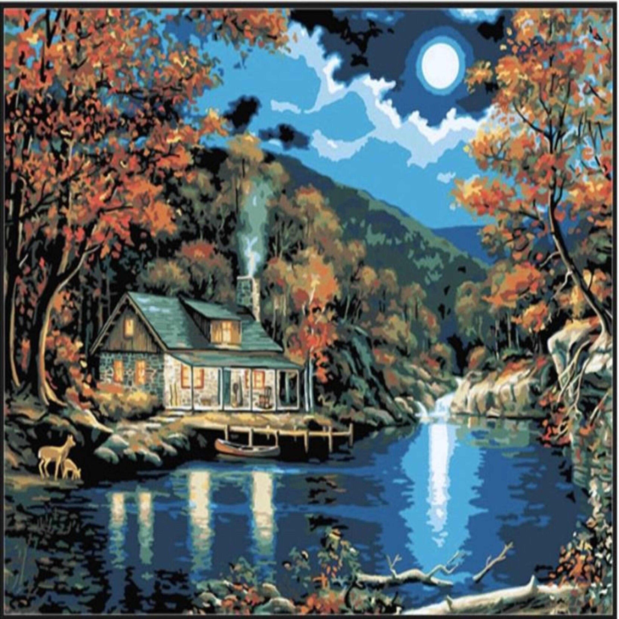 Moonlit Cabin By Lake Diamond Painting Art Kit, 5D, Full Drill, Round 50*60 - Durazza