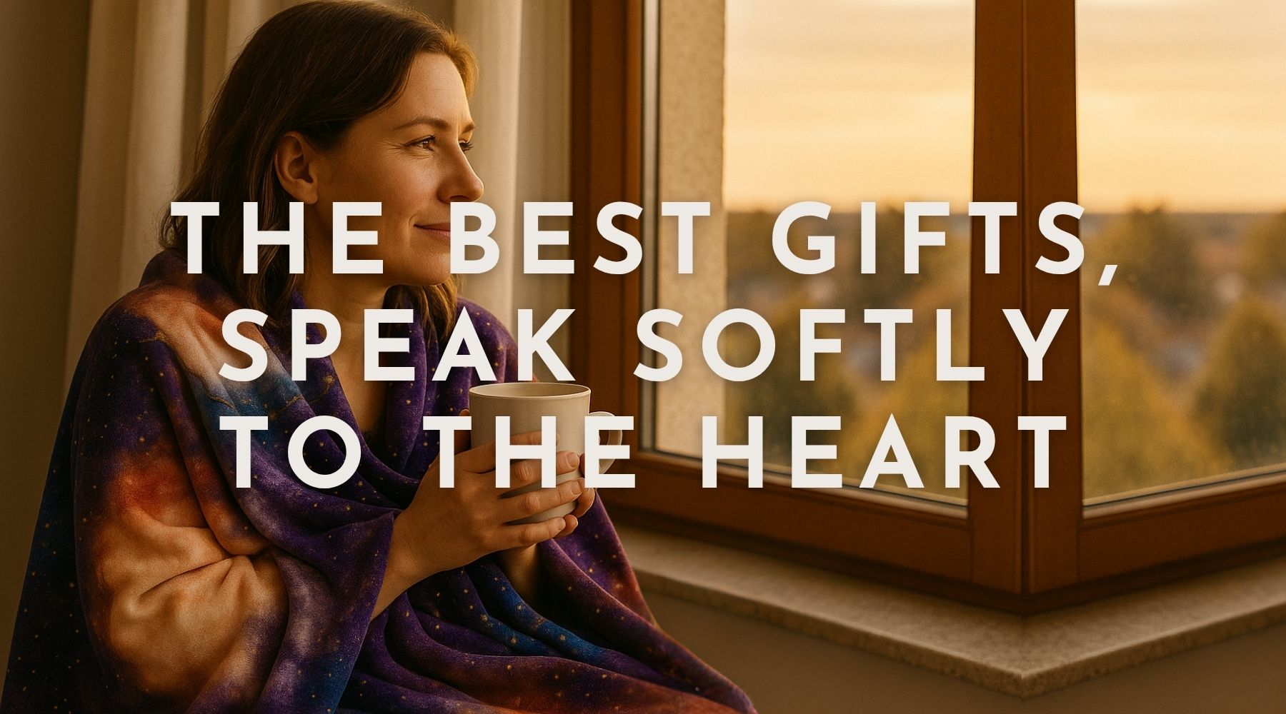 Woman wrapped in a cozy galaxy blanket holding a mug by the window at sunset with text reading “The best gifts speak softly to the heart.”