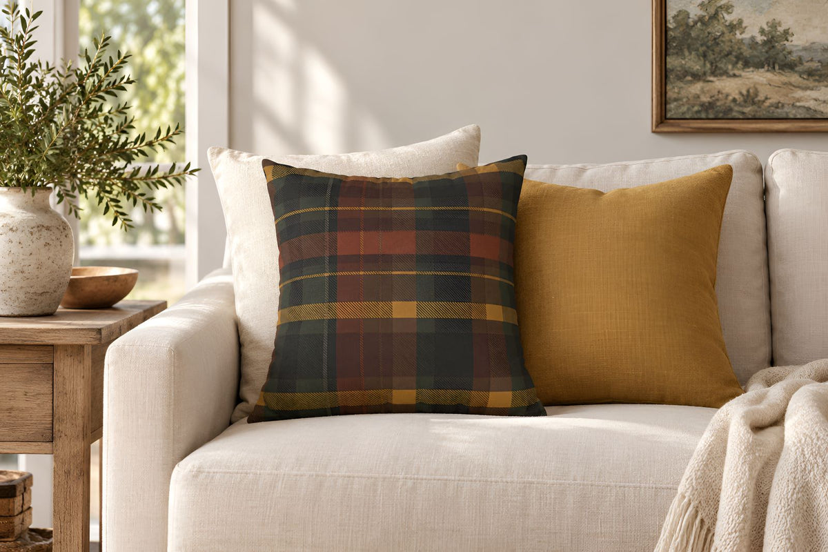 Cabin Check plaid pillow paired with warm ivory and muted gold solid pillows on an ivory sofa.