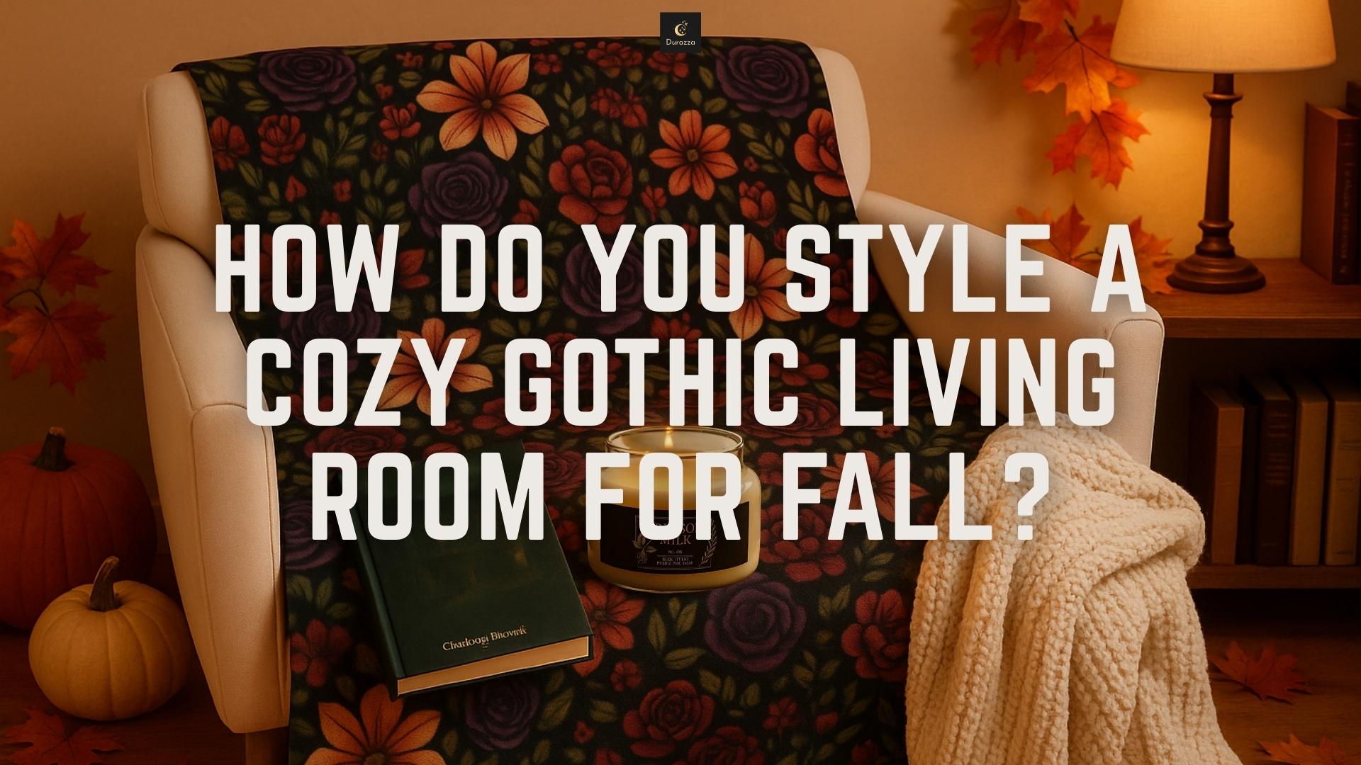 Cozy fall reading nook with floral blanket, candle, journal, pumpkins, and warm lighting in a comfy armchair setup.