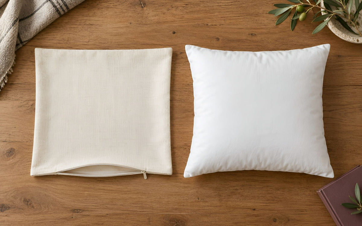 An ivory square pillow cover with an open zipper beside a slightly larger white square pillow insert on a wooden table.