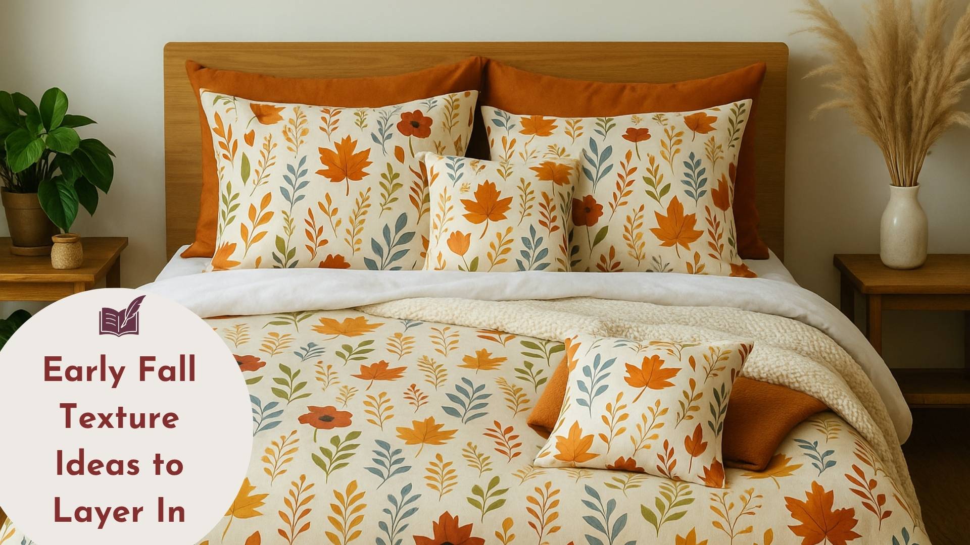 Layered fall bedding with soft throw and neutral pillows in a cozy bedroom.