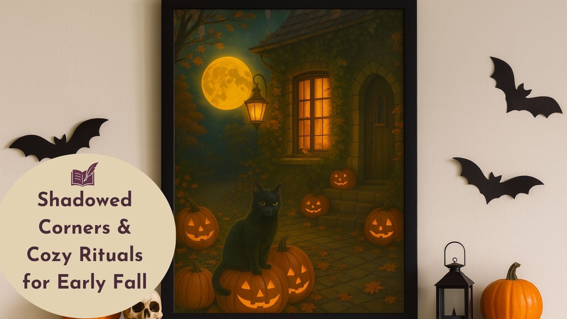 Framed Halloween-themed artwork featuring a black cat sitting on glowing jack-o'-lanterns in front of an ivy-covered stone cottage under a full moon.