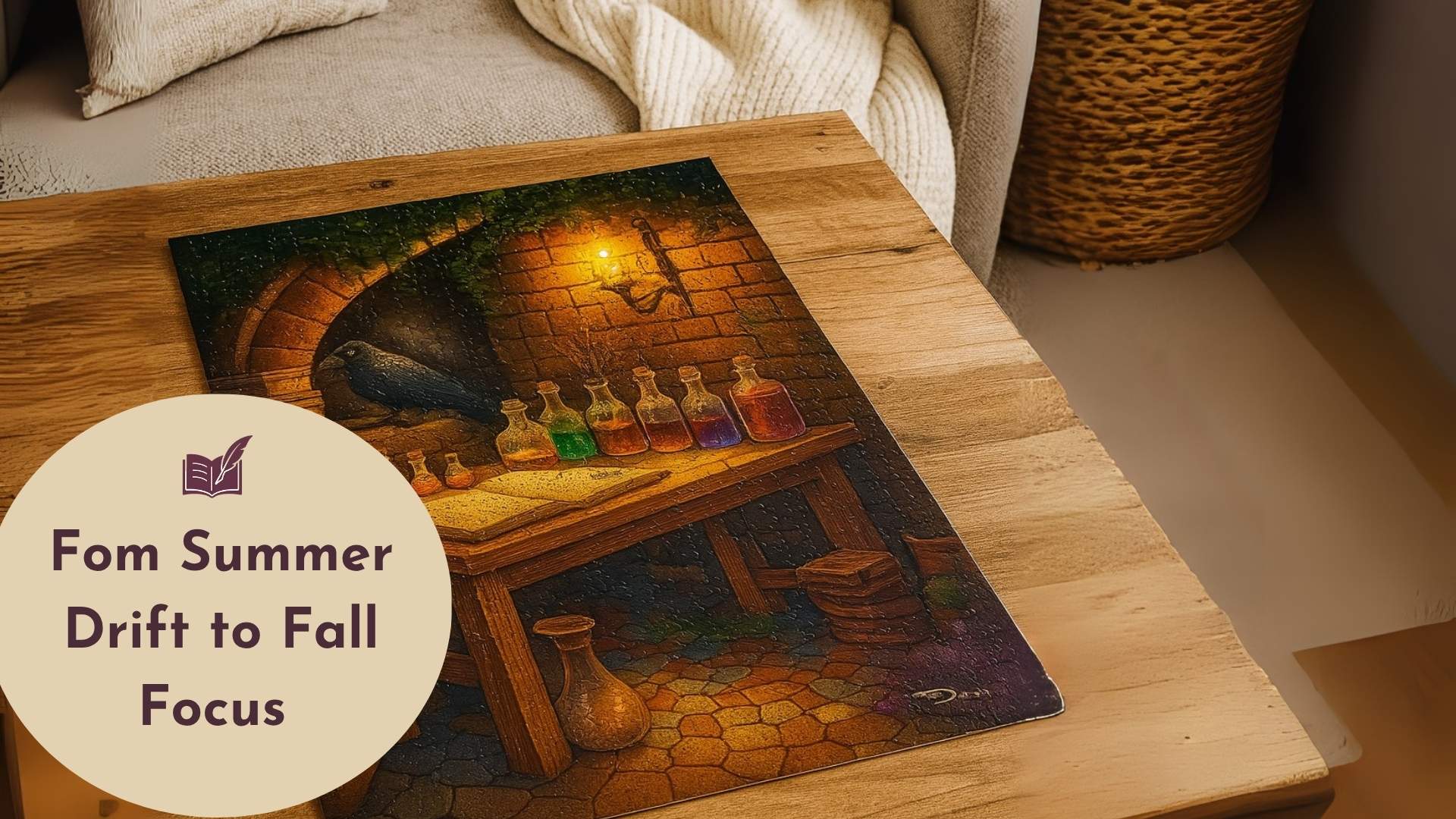 Jigsaw puzzle of an alchemist’s table with potions and a raven on a wood table in a cozy room with fall decor and warm candlelight.