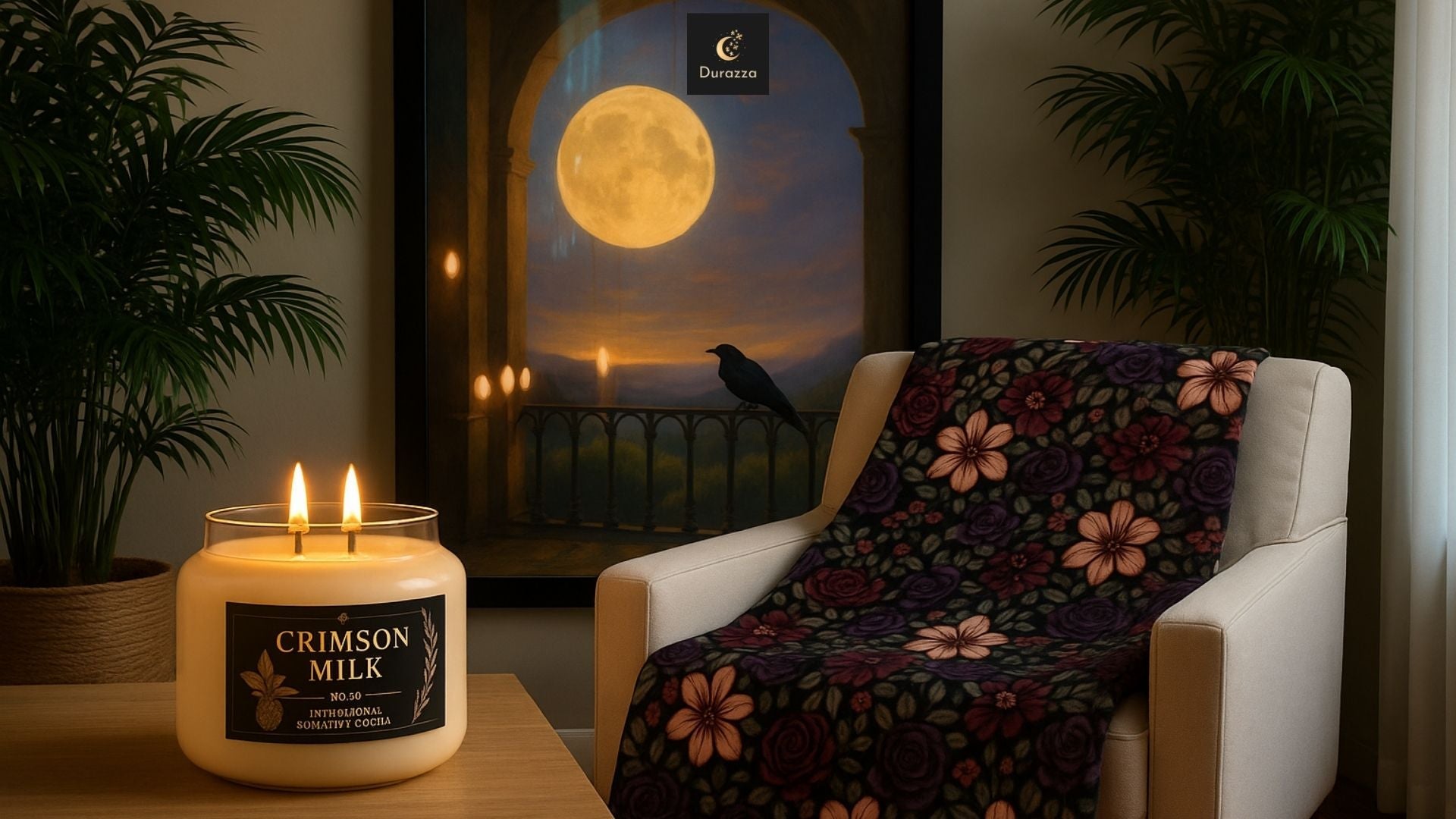 Cozy corner with a floral blanket, glowing candle, and moonlit painting framed by lush indoor plants.