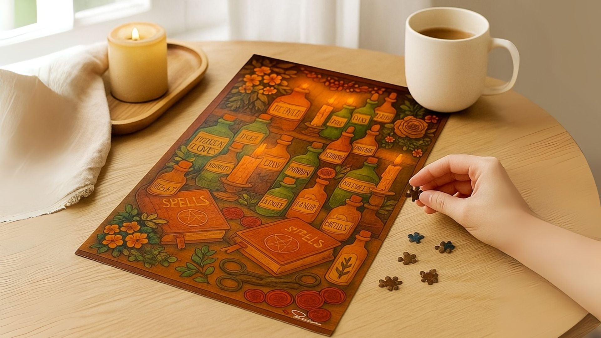 A cozy puzzle scene with candles, coffee, and hands placing pieces, featuring a vertical spell-themed apothecary illustration.
