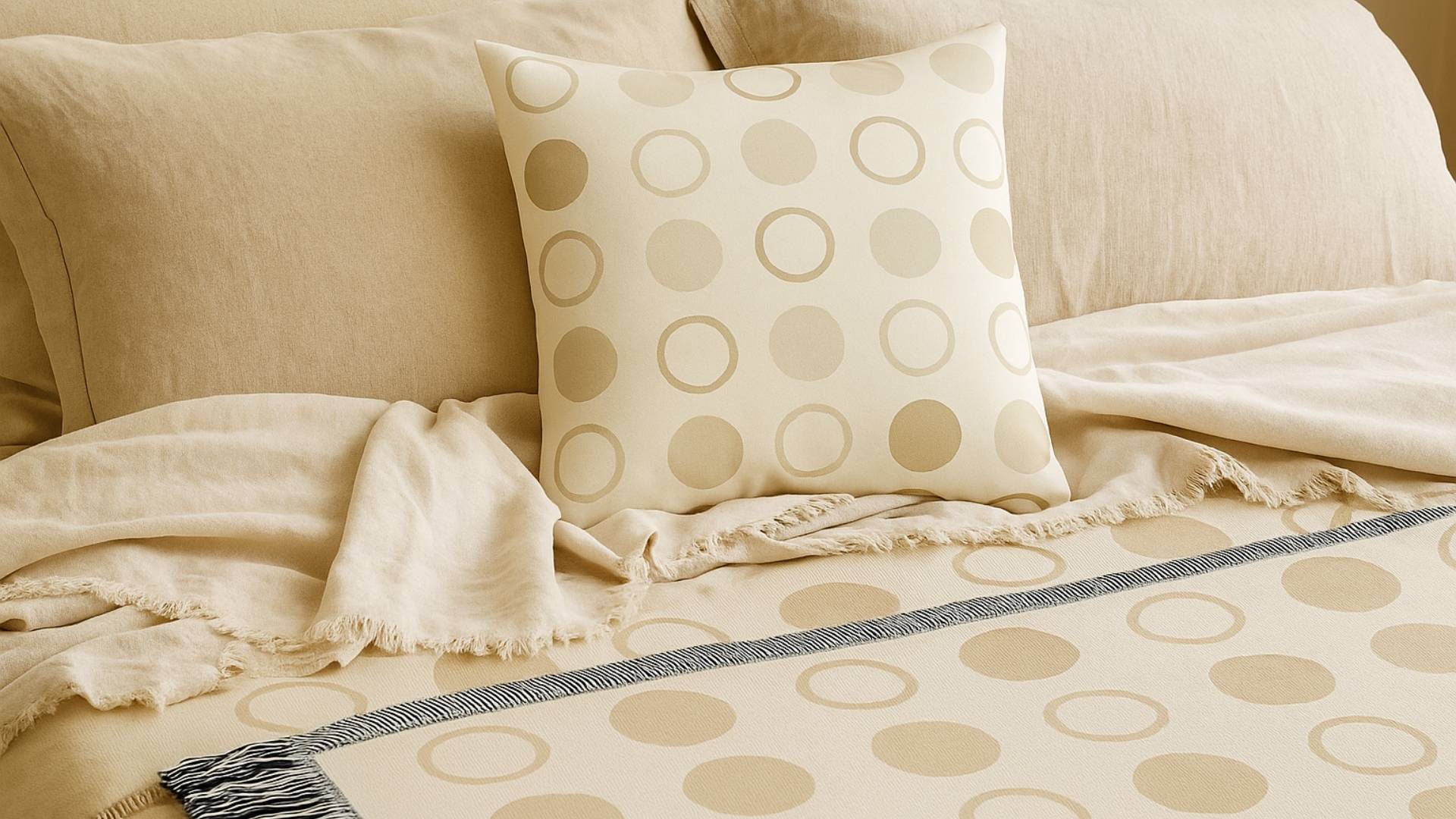 Neutral woven cotton blanket with fringe and matching pillow