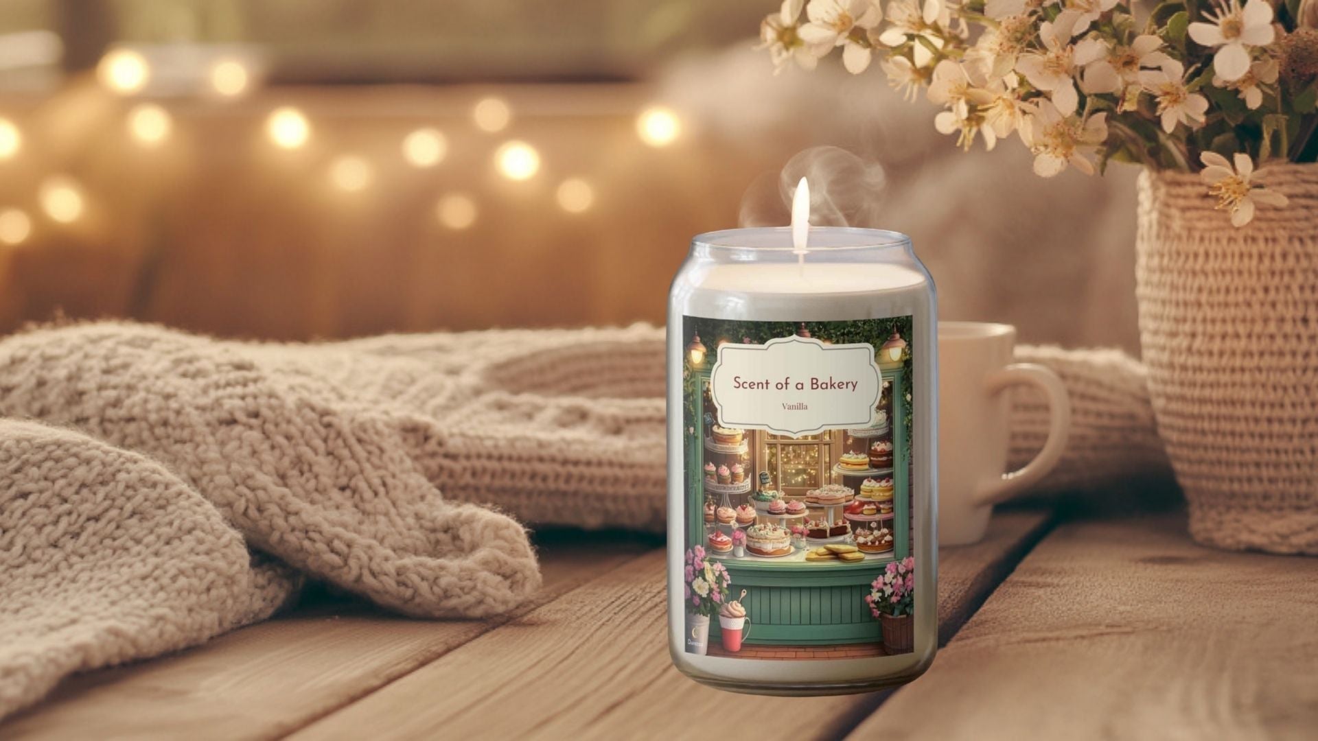 Vanilla scented candle burning in cozy home setting with tea, flowers, and blanket