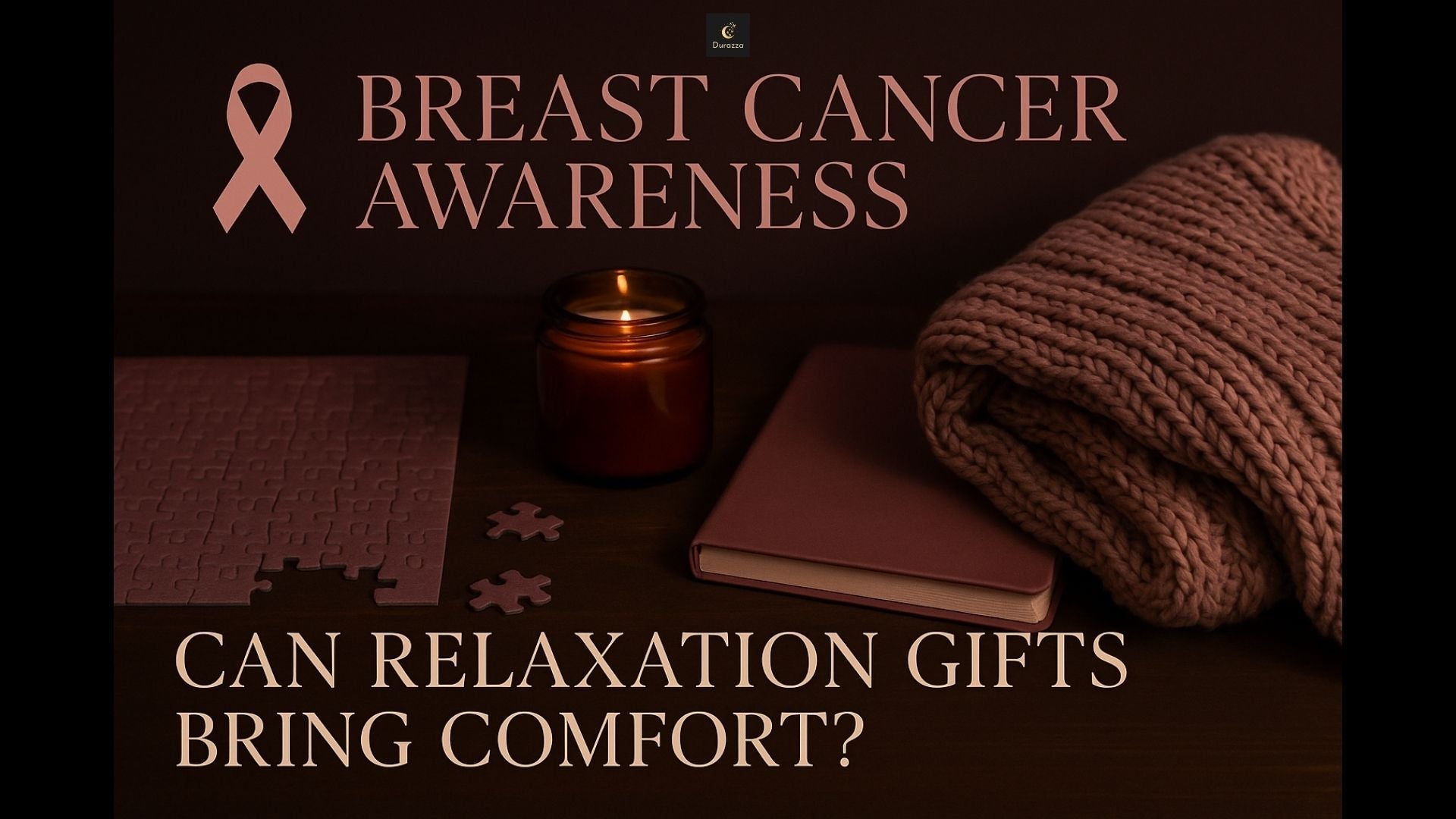 Breast cancer awareness image with candle, blanket, puzzle, and journal symbolizing comfort and relaxation gifts