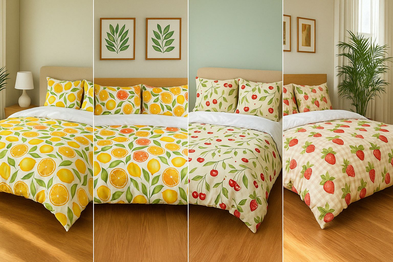  Four fruit-themed duvet covers in lemon, orange, cherry, and strawberry prints displayed in cozy, sunlit bedrooms.