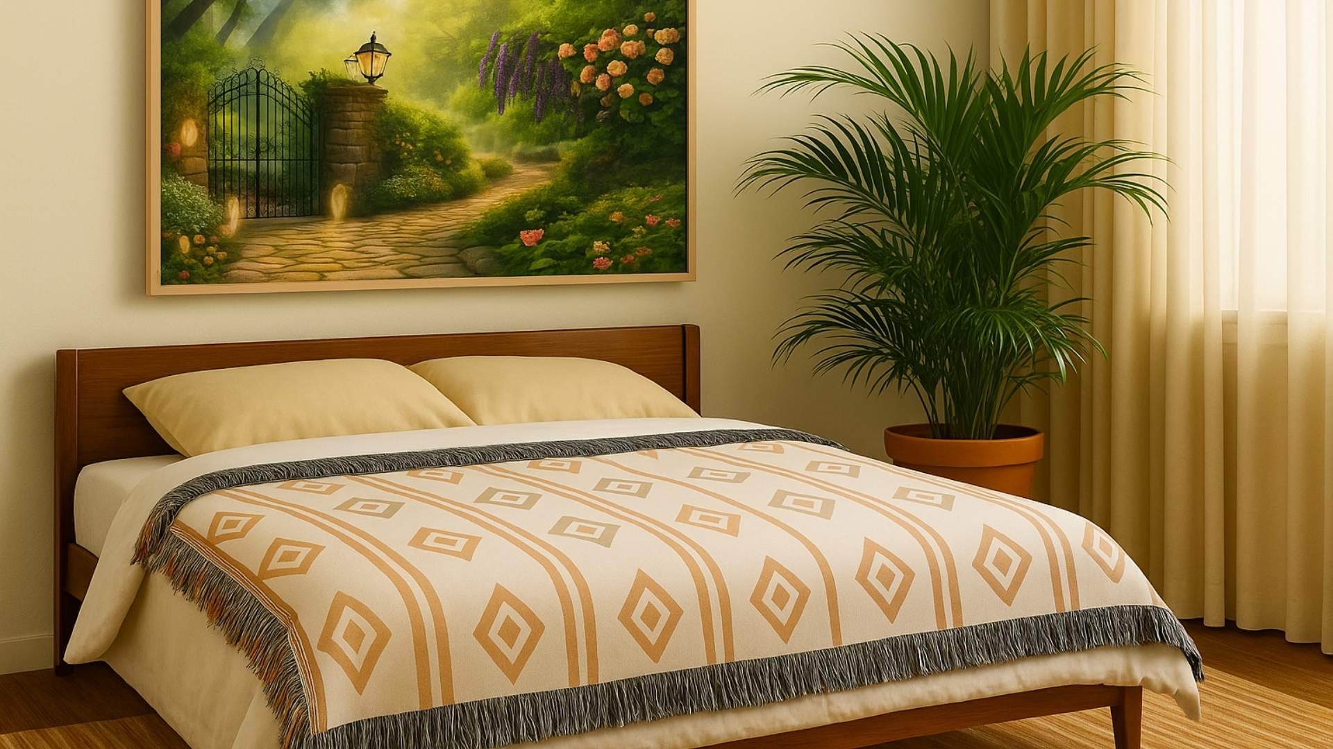 Cozy bedroom with sunlight shining in and a geometric bohemian throw blanket with a cottage style piece of wall art. 