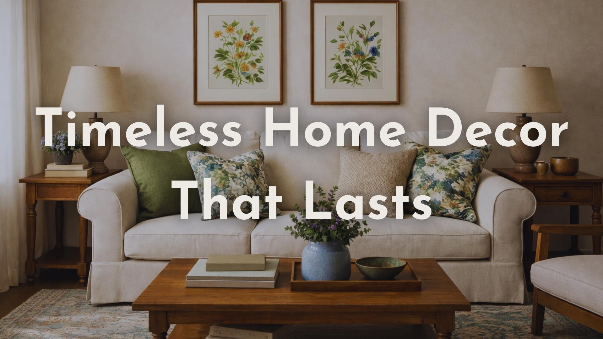 Timeless living room with neutral sofa, botanical wall art, layered pillows, and warm wood accents