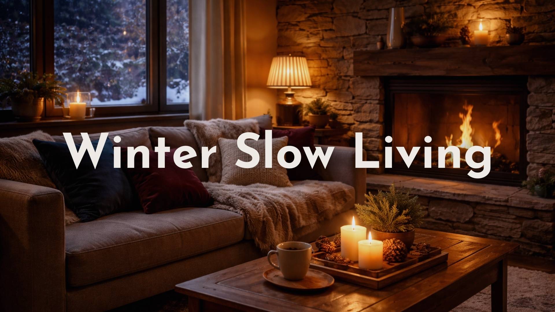 Cozy winter living room with warm lighting, fireplace glow, candles, and layered textures supporting slow living at home