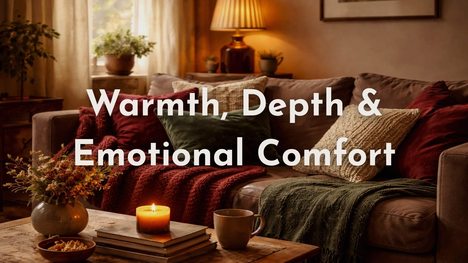 Warm living room with layered textiles, soft lighting, and deep tones showing a cozy alternative to gray interiors.