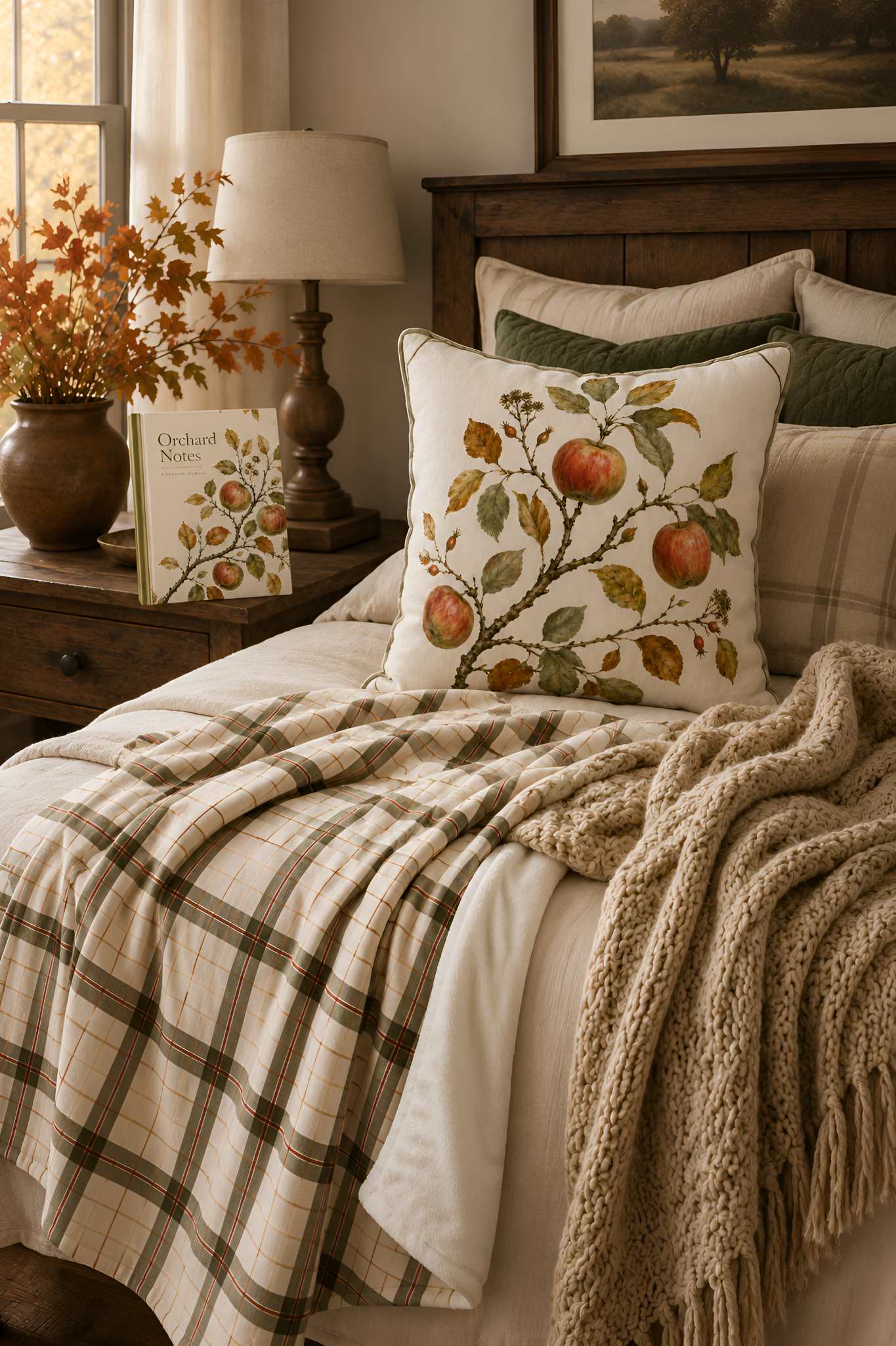Cozy autumn bedroom featuring an apple branch decorative pillow, matching orchard journal, and cream plaid throw on a neutral bed, surrounded by warm wood tones, olive accents, fall foliage, and layered knit textures.