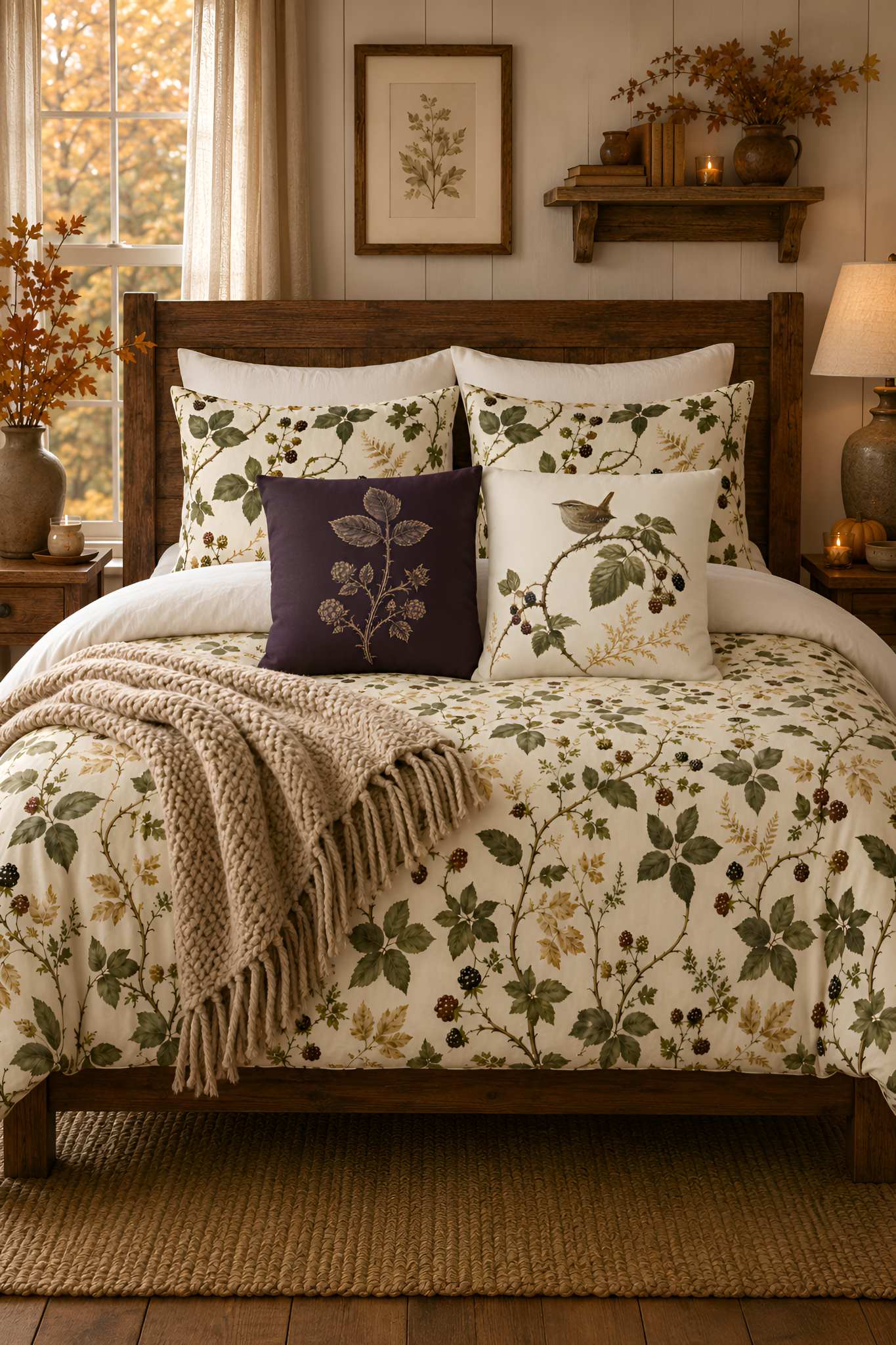 Rustic fall bedroom featuring Durazza botanical bedding with blackberry bramble motifs, coordinating plum engraved botanical pillow, wren accent pillow, warm wood furniture, and a chunky knit throw draped across the bed.