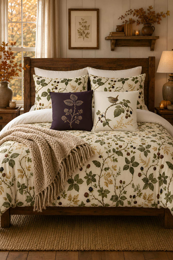 Rustic fall bedroom featuring Durazza botanical bedding with blackberry bramble motifs, coordinating plum engraved botanical pillow, wren accent pillow, warm wood furniture, and a chunky knit throw draped across the bed.