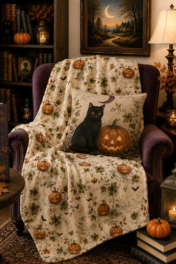 Vintage-inspired Halloween reading corner featuring a black cat and glowing pumpkin pillow layered over a cream ghost and jack-o’-lantern throw, surrounded by warm autumn décor, lanterns and antique books.